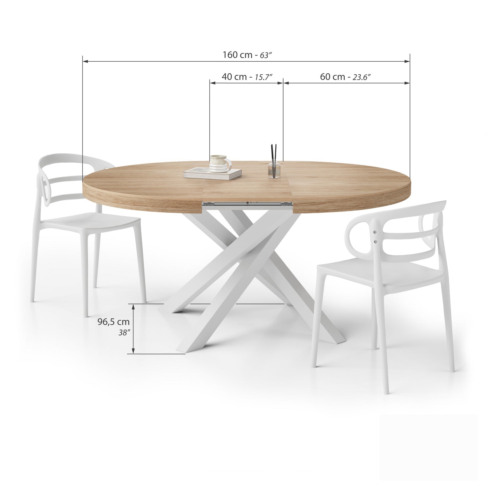Runder ausziehbarer Tisch Emma, 120–160 cm, Wildeiche mit gekreuzten weißen Beinen - Immagine tecnica 2