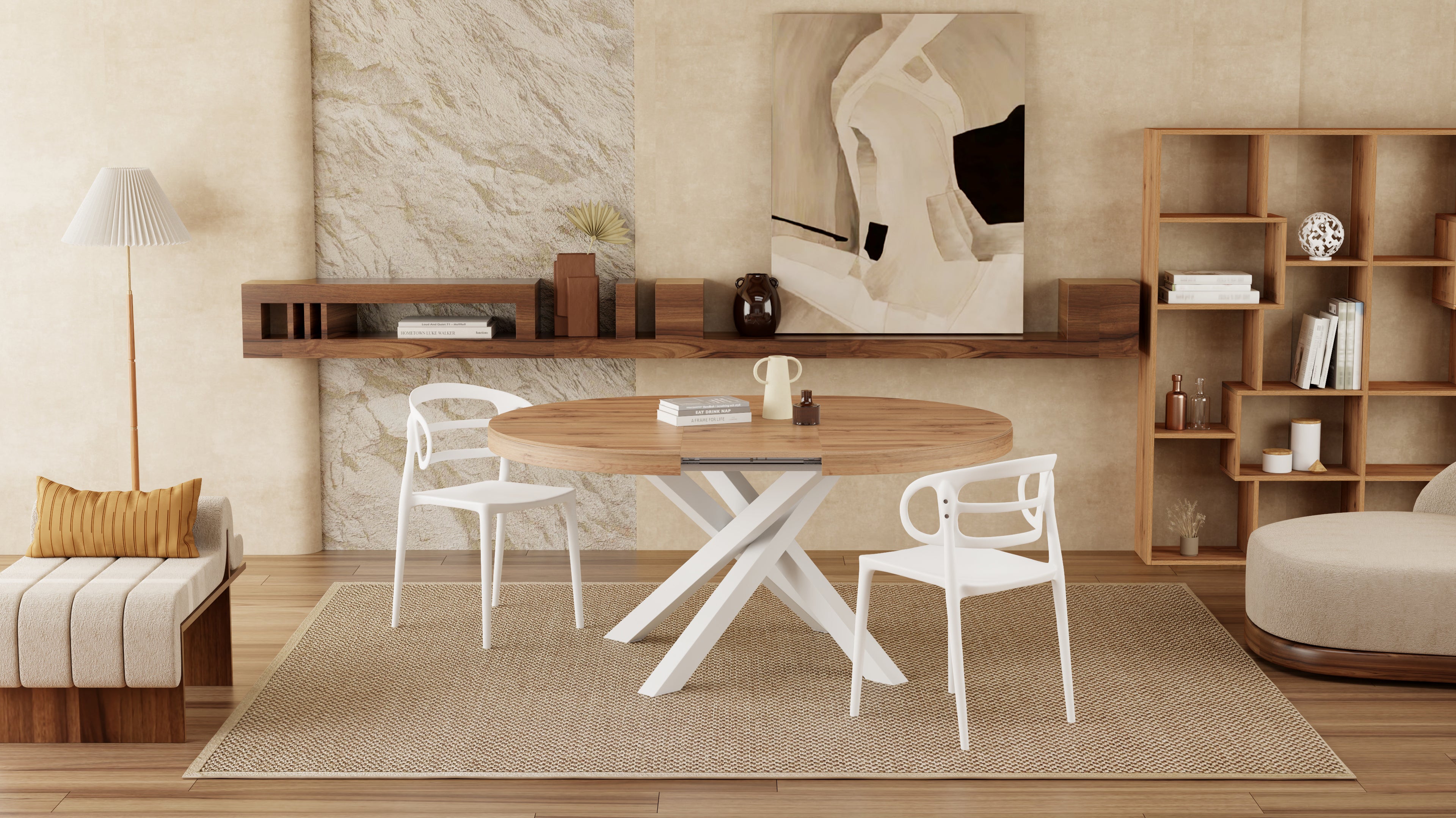 Emma Round Extendable Table, 120-160 cm, Rustic Oak with White crossed legs - Set image 6