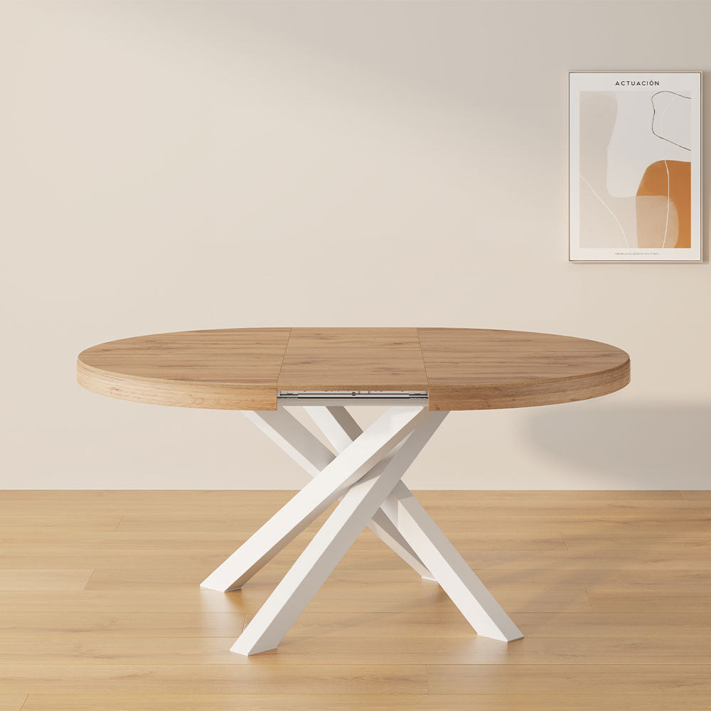 Mesa redonda extensible Emma 120-160 cm en color madera rústica con patas cruzadas blancas - Set image 3