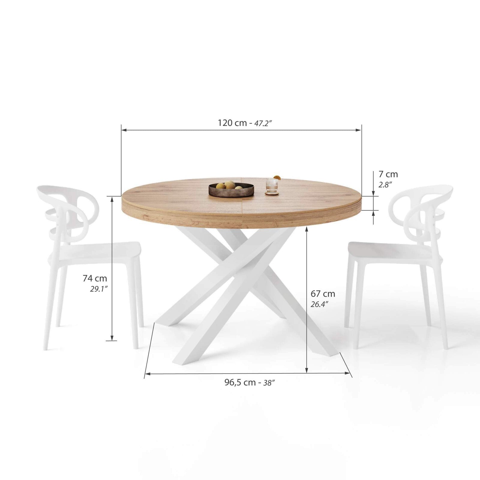 Emma Round Extendable Table, 120-160 cm, Rustic Oak with White crossed legs - Immagine tecnica 1