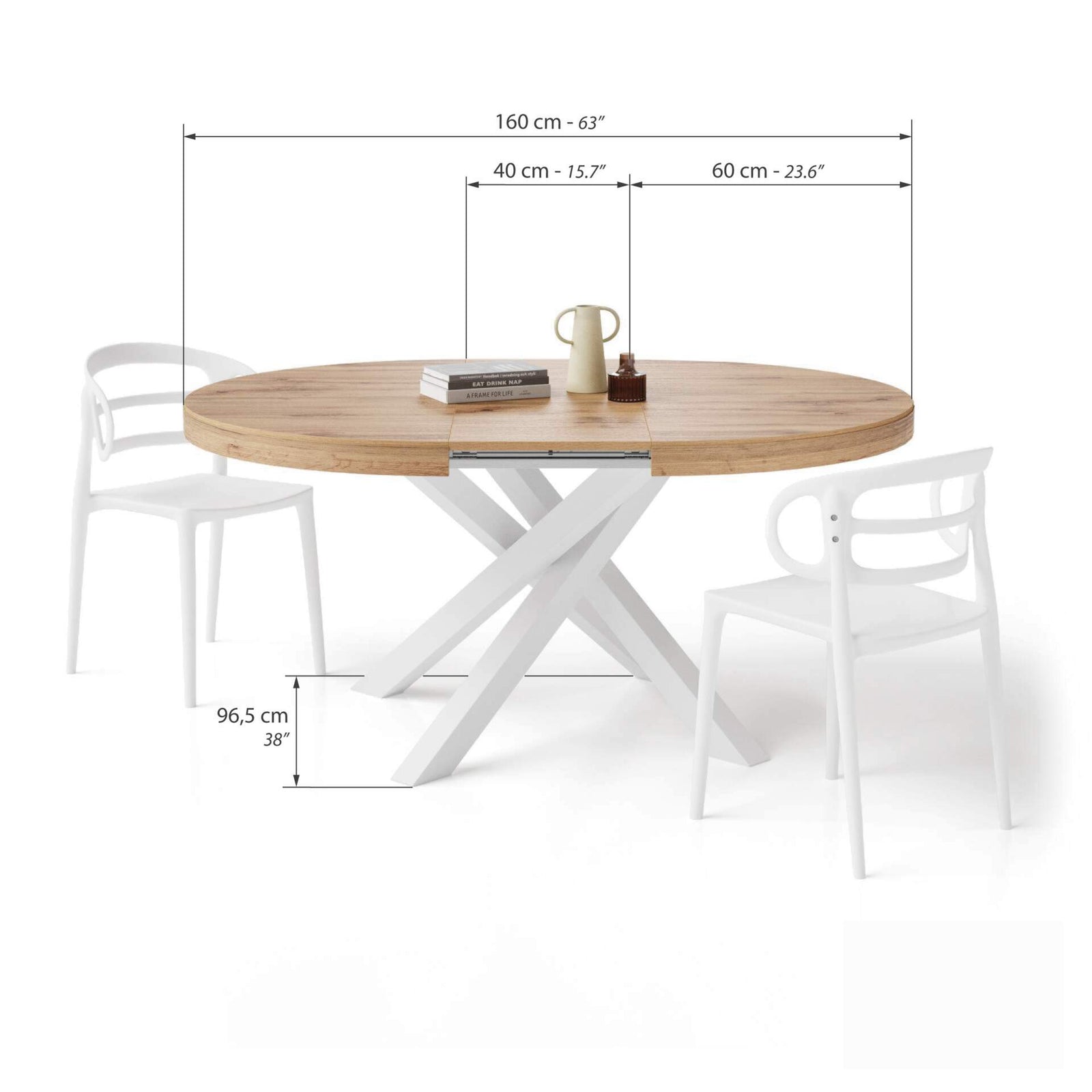 Emma Round Extendable Table, 120-160 cm, Rustic Oak with White crossed legs - Immagine tecnica 2
