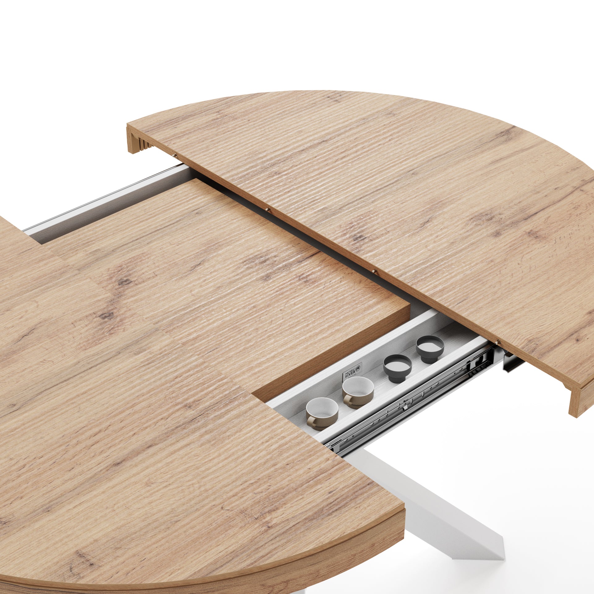Emma Round Extendable Table, 120-160 cm, Rustic Oak with White crossed legs - Detail image 2