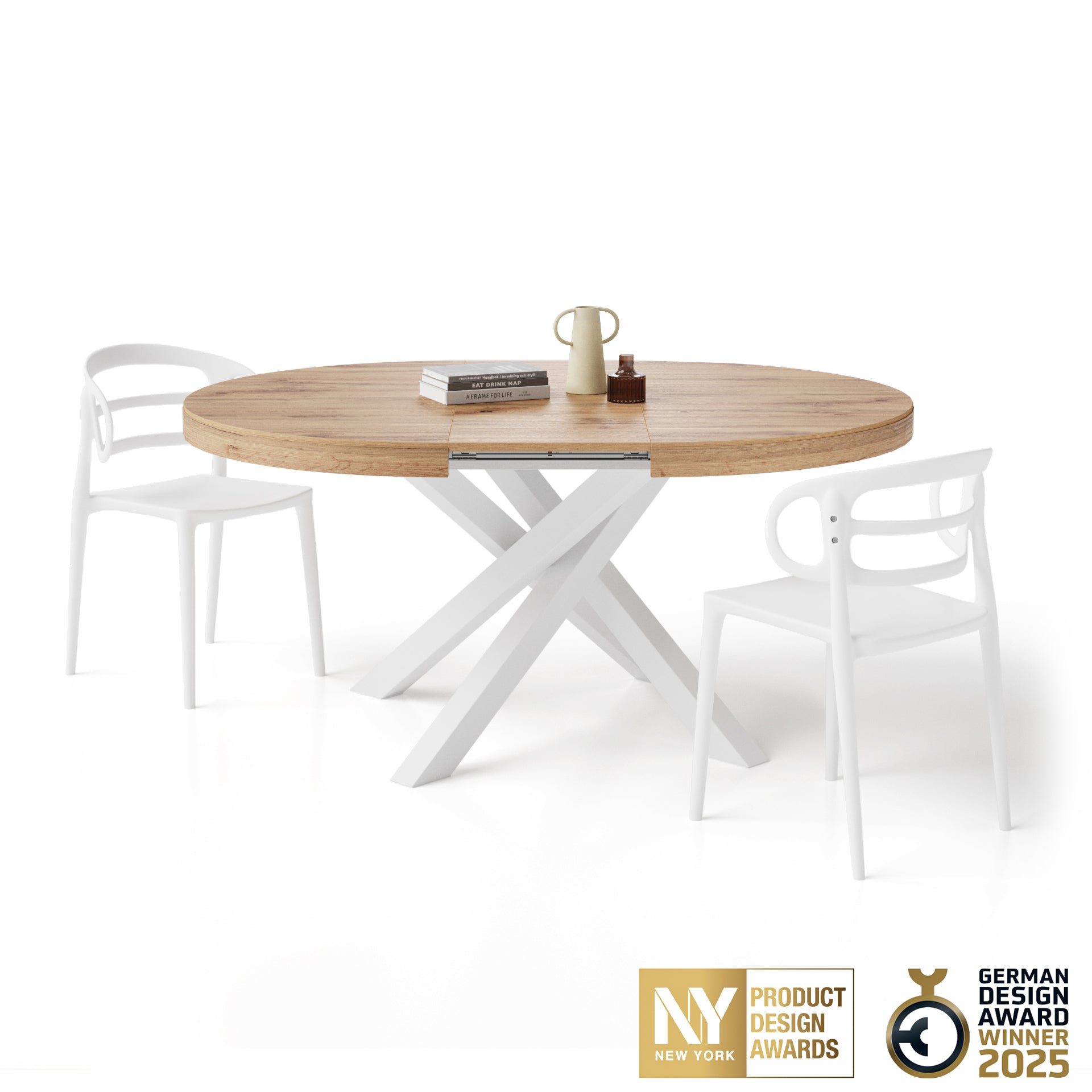 Tavolo Allungabile Rotondo Emma, 120-160 cm, Rovere Rustico con gambe Incrociate Bianche
