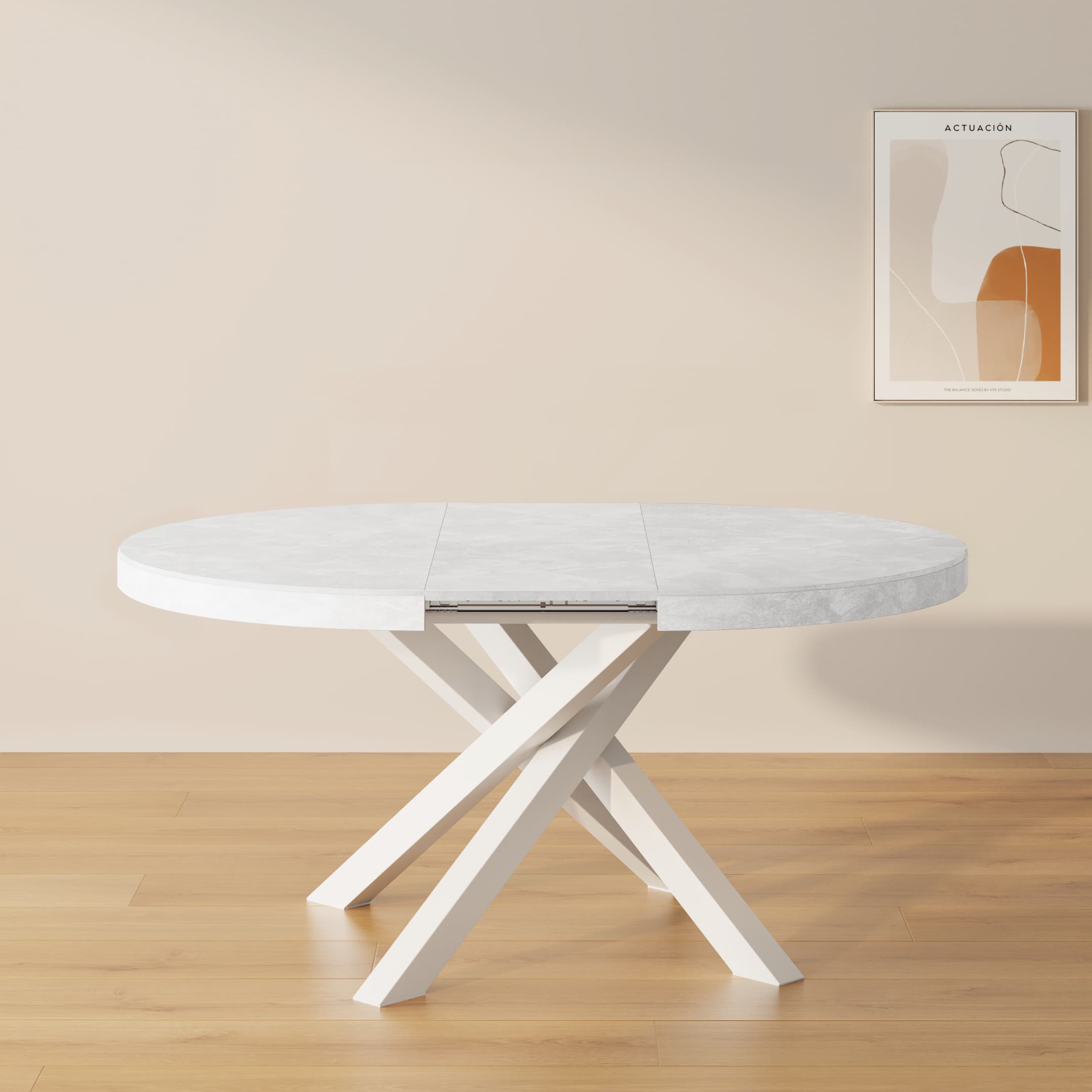 Runder ausziehbarer Tisch Emma, 120-160 cm, Weißer Beton mit gekreuzten Weißen Beinen - Set image 1