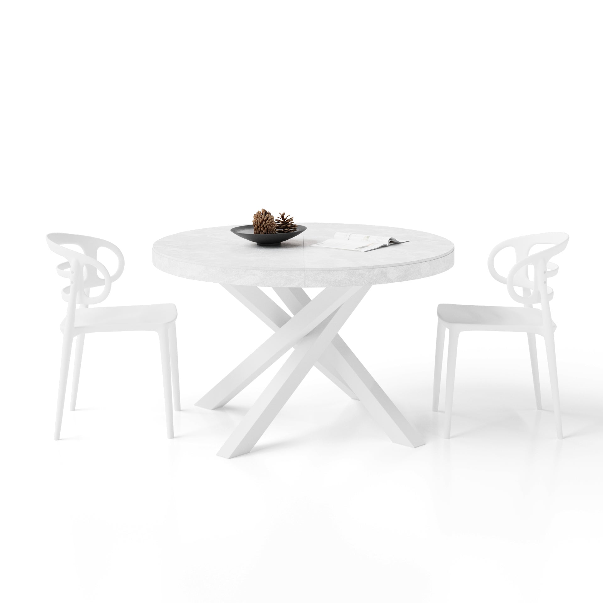 Mesa redonda extensible Emma 120-160 cm en blanco cemento con patas cruzadas blancas