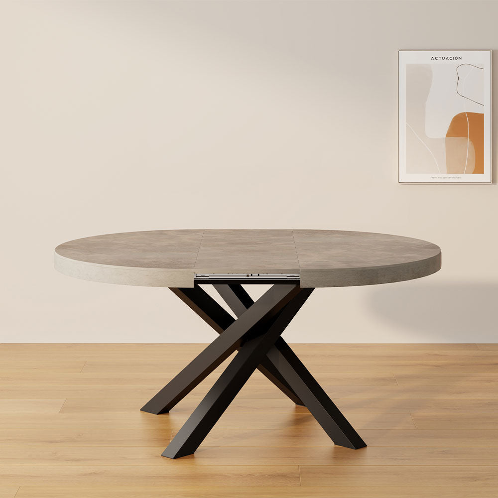Runder ausziehbarer Tisch Emma, 120-160 cm, Grauer Beton mit gekreuzten Schwarzen Beinen - Set image 1