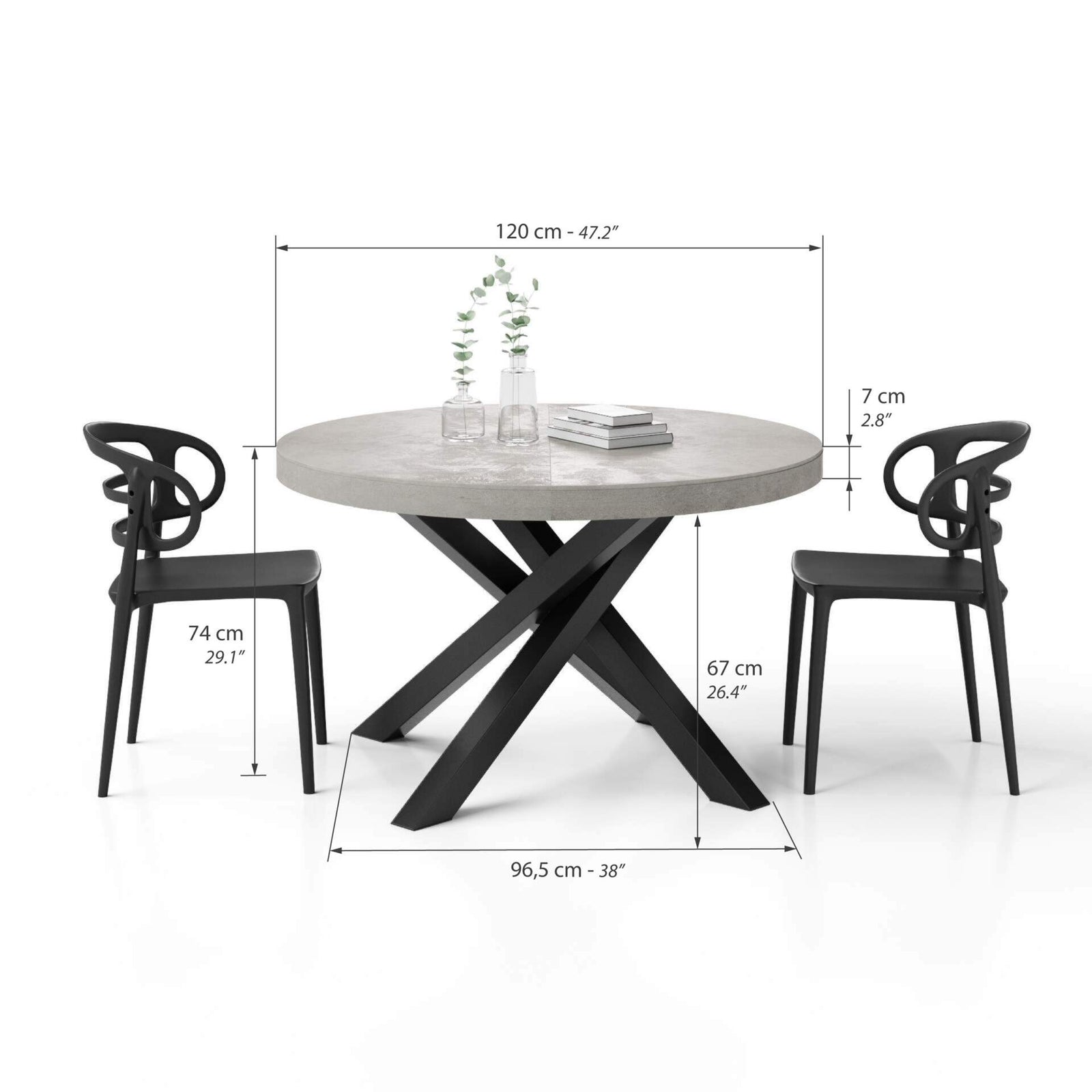 Runder ausziehbarer Tisch Emma, 120-160 cm, Grauer Beton mit gekreuzten Schwarzen Beinen - Immagine tecnica 1