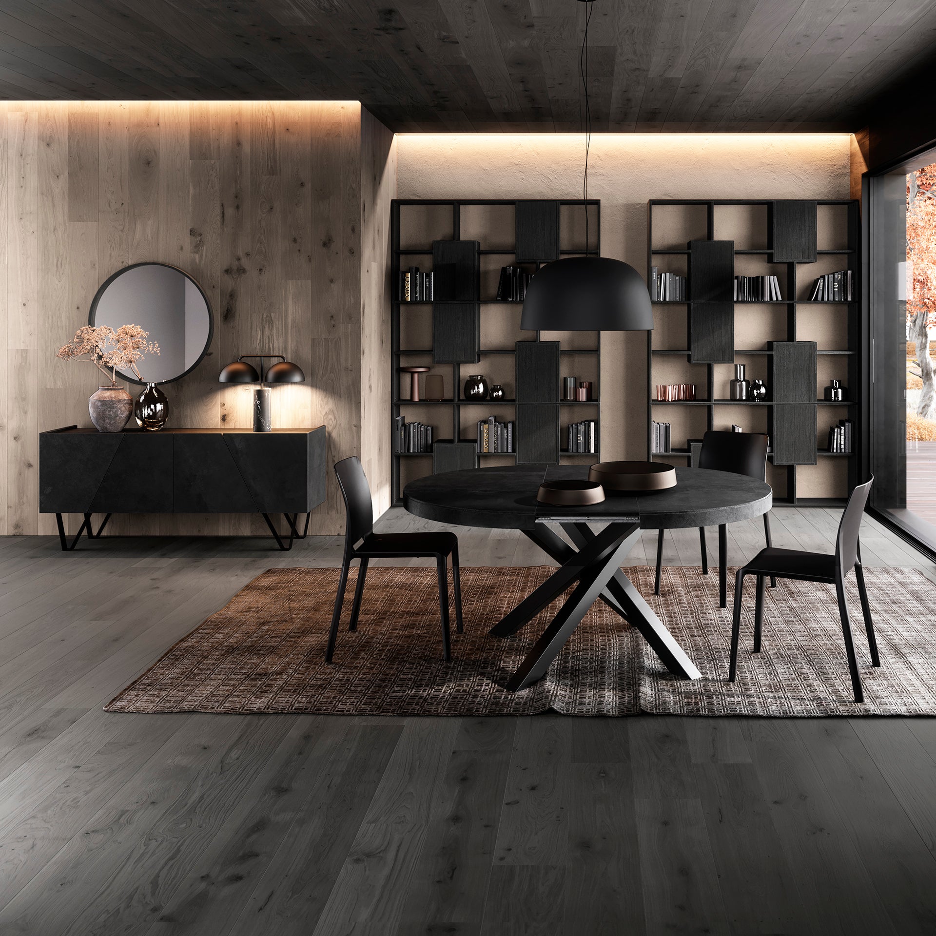 Madia-Buffet 4 ante Emma con gambe nere, Nero Cemento - Immagine ambientata 6