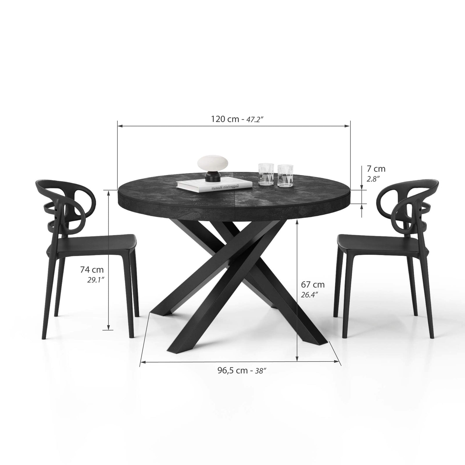 Tavolo Allungabile Rotondo Emma, 120-160 cm, Nero Cemento con gambe Incrociate Nere - Immagine tecnica 1