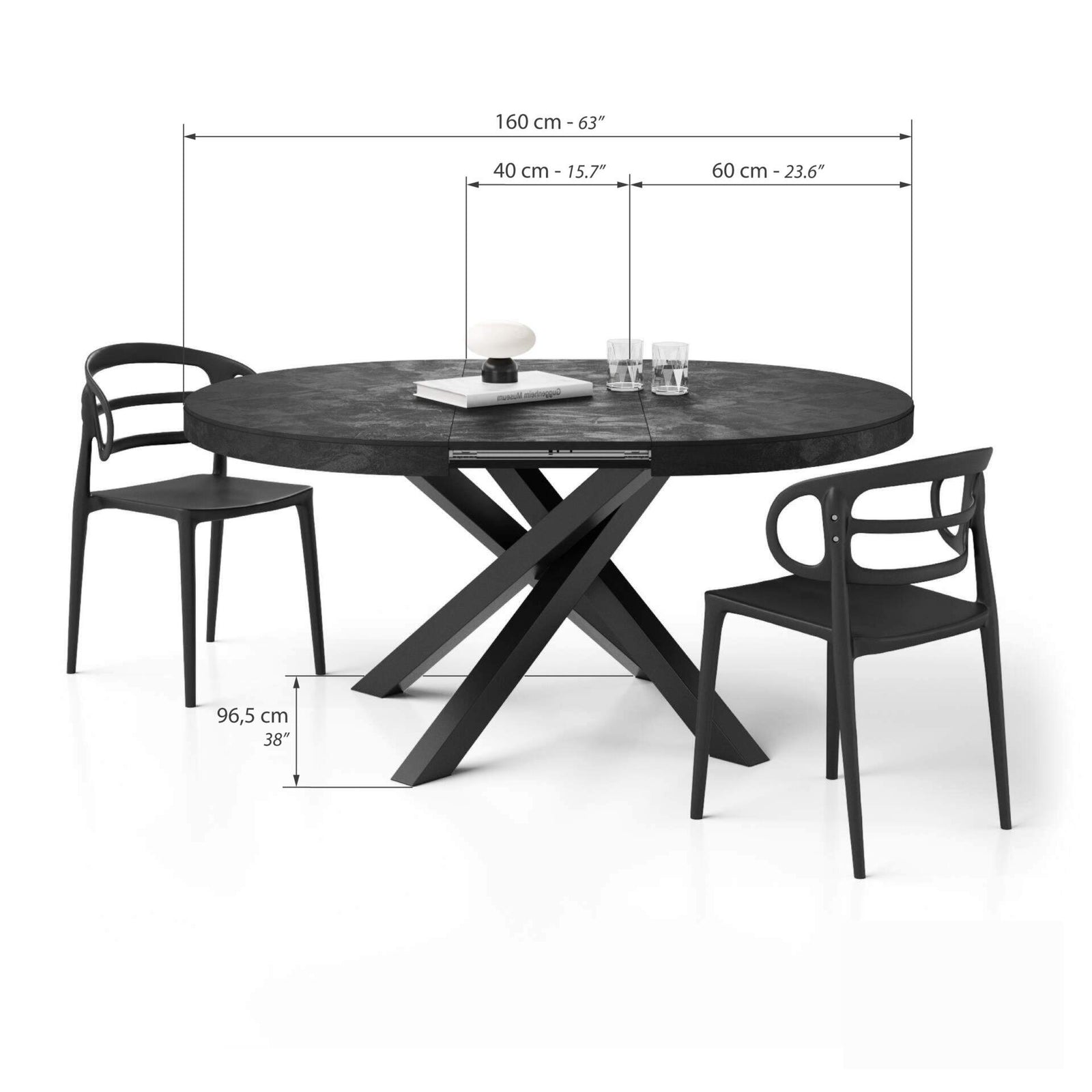 Runder ausziehbarer Tisch Emma, 120-160 cm, Schwarzer Beton mit gekreuzten Schwarzen Beinen - Immagine tecnica 2