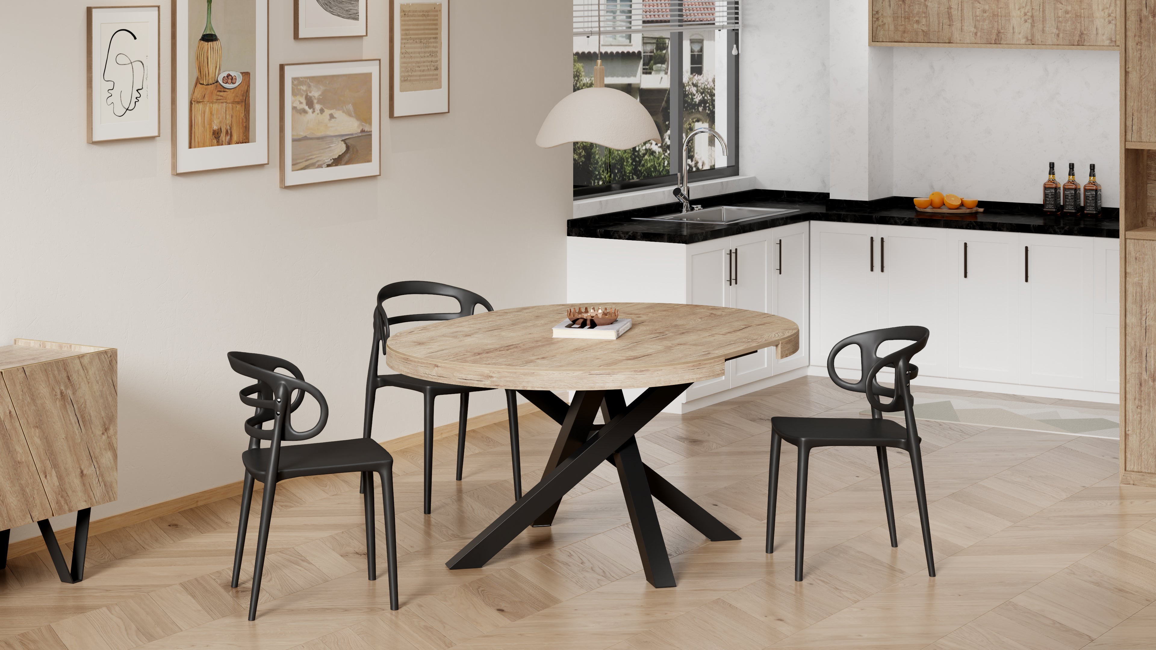 Mesa redonda extensible Emma 120-160 cm en color Encina con patas cruzadas negras - Set image 3