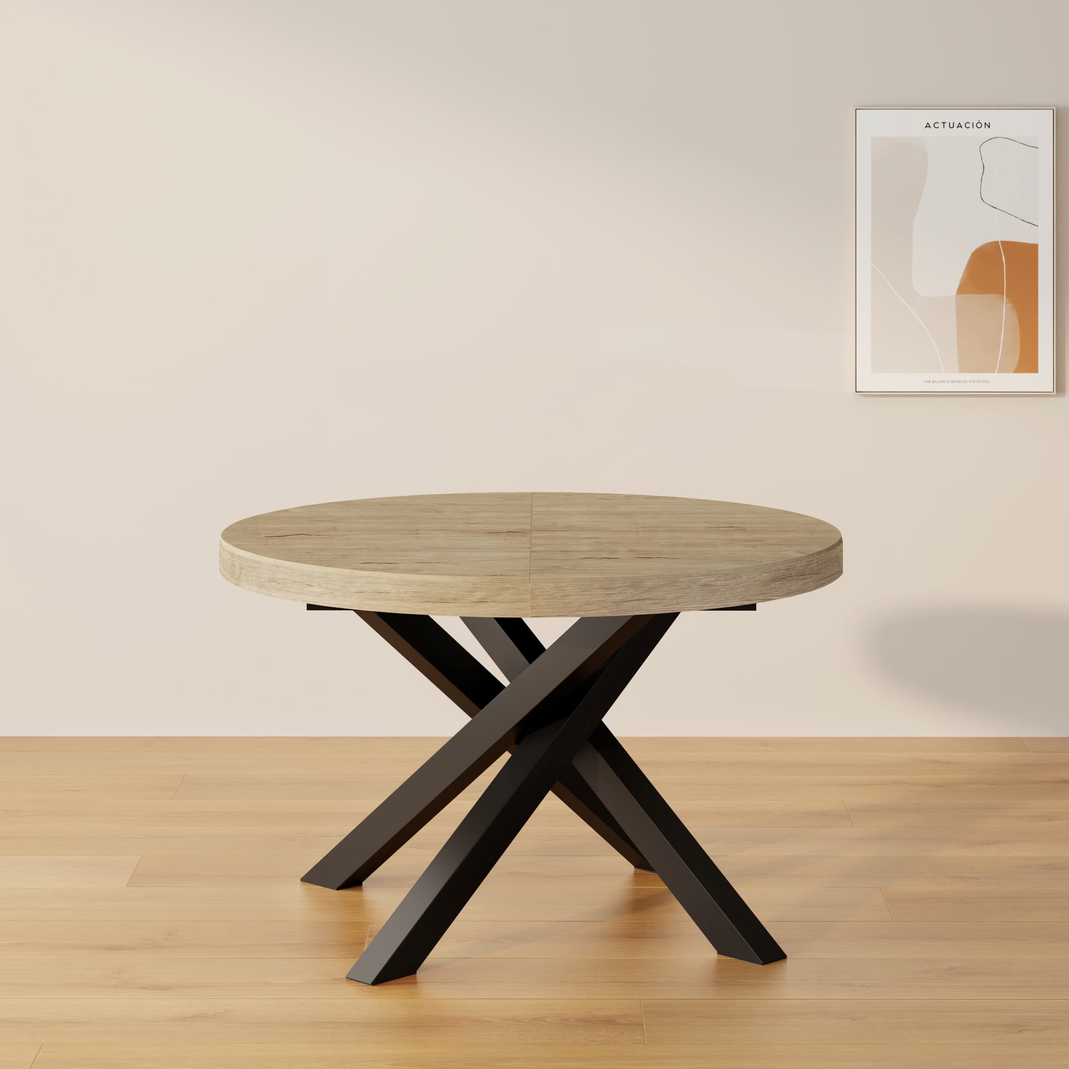 Mesa redonda extensible Emma 120-160 cm en color Encina con patas cruzadas negras - Set image 1