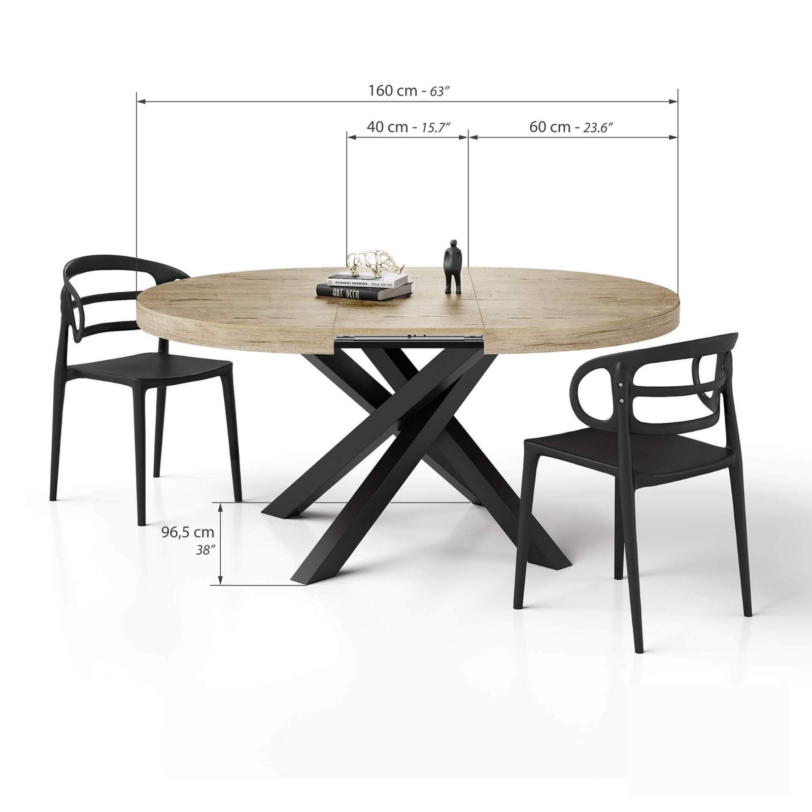 Mesa redonda extensible Emma 120-160 cm en color Encina con patas cruzadas negras - Immagine tecnica 2