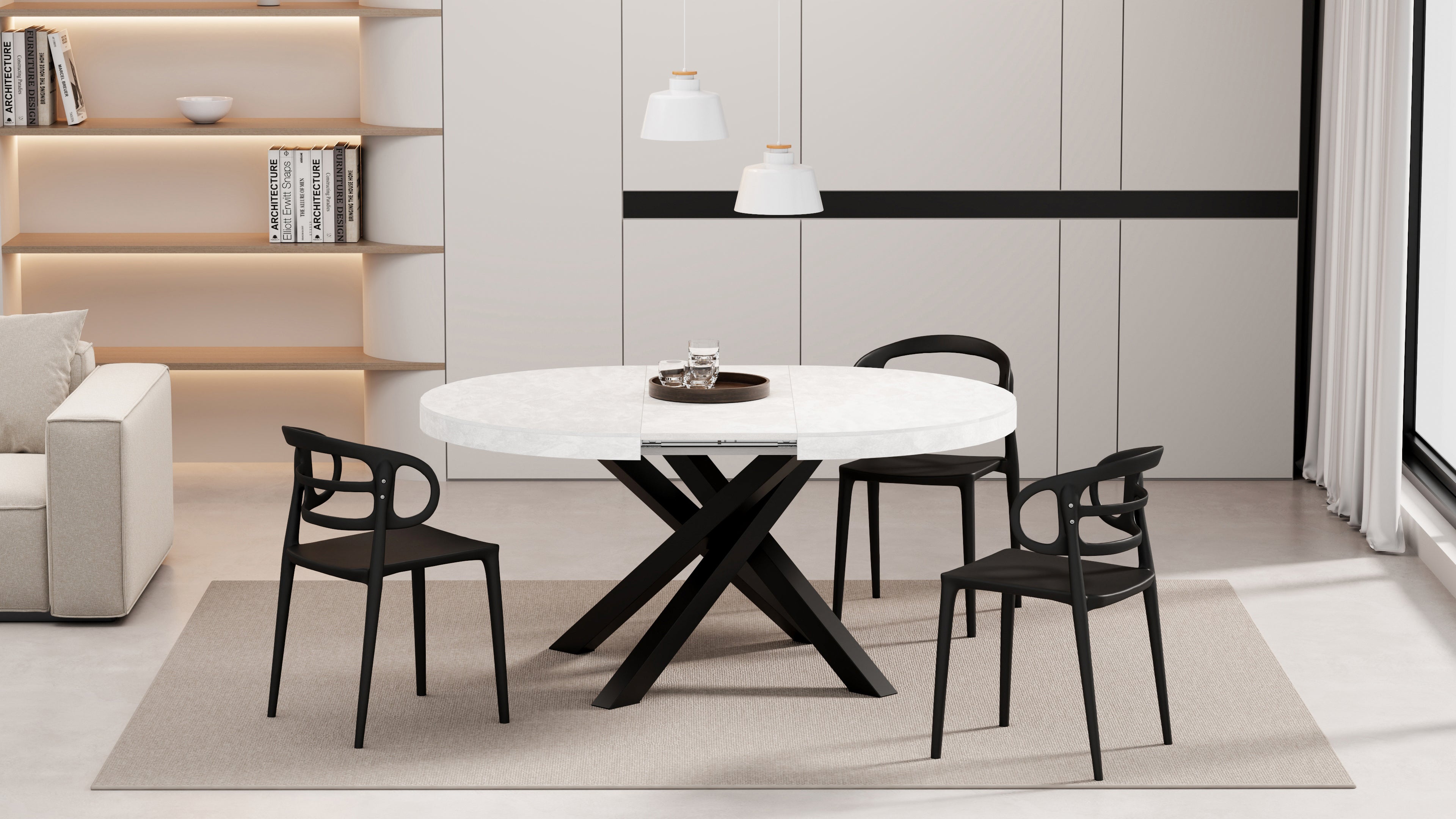 Emma Round Extendable Table, 47.2 - 63 in, Concrete Effect, White with Black crossed legs - Set image 2