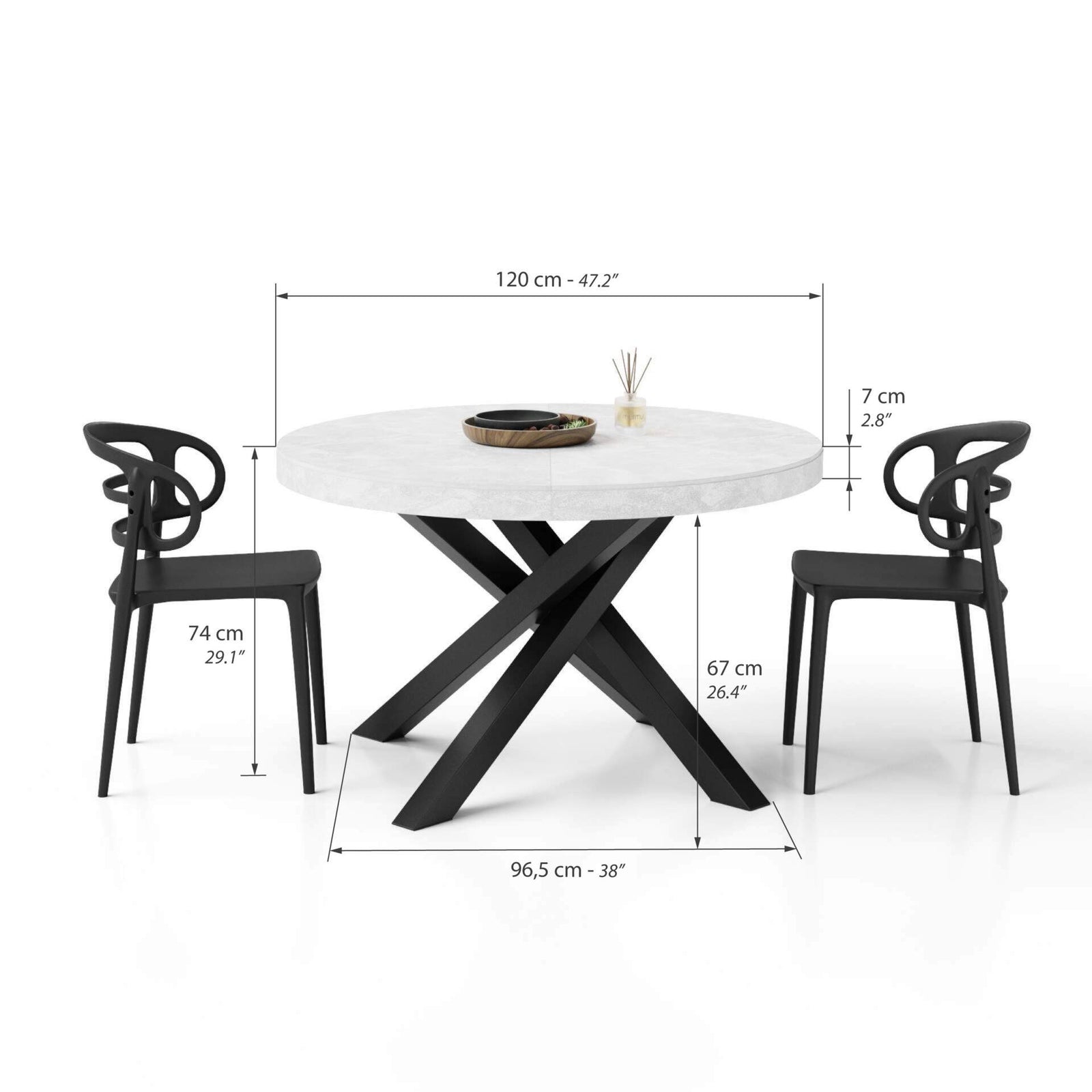 Runder ausziehbarer Tisch Emma, 120-160 cm, Weißer Beton mit gekreuzten Schwarzen Beinen - Immagine tecnica 1