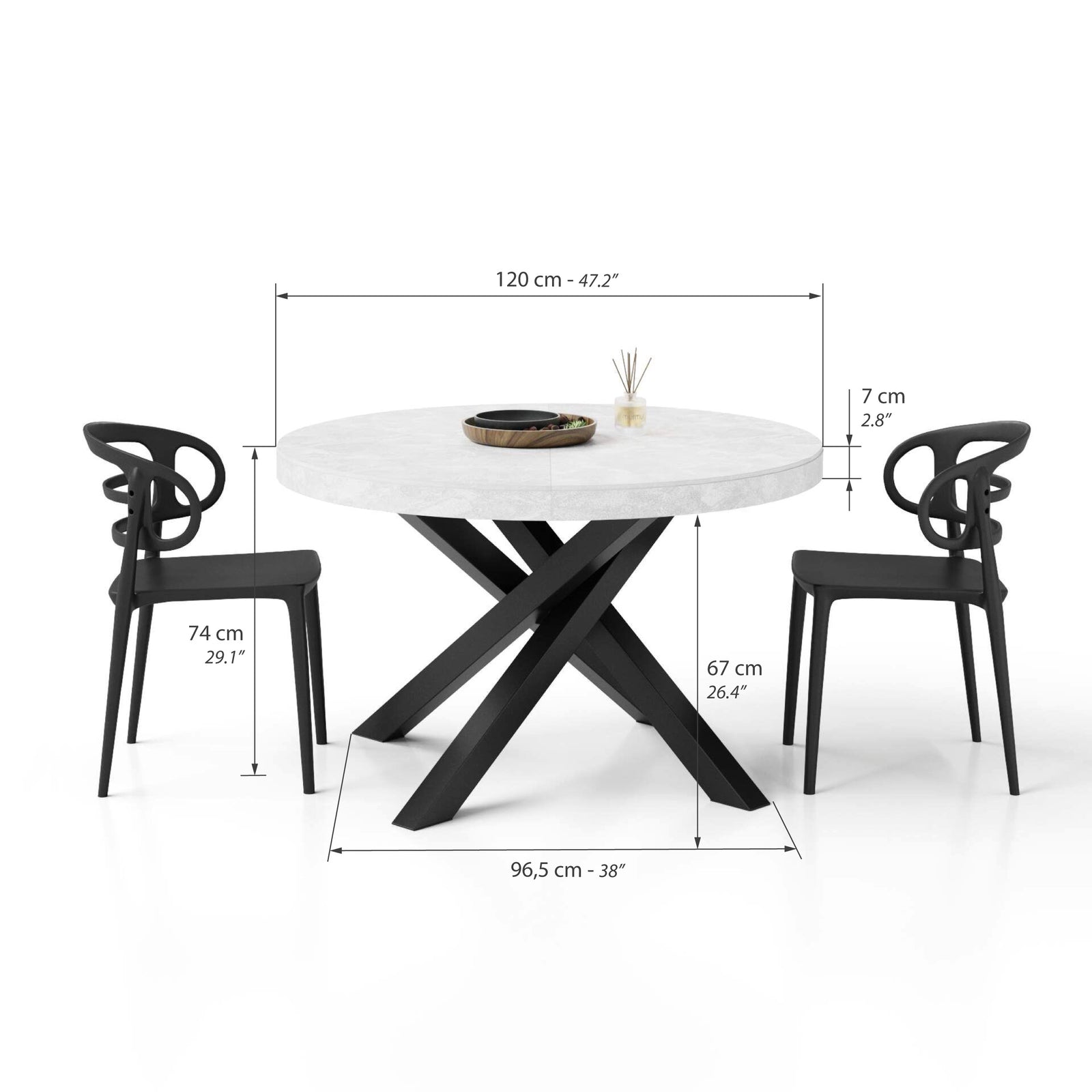 Mesa redonda extensível Emma 120-160 cm em cimento branco com pernas cruzadas pretas - Immagine tecnica 1