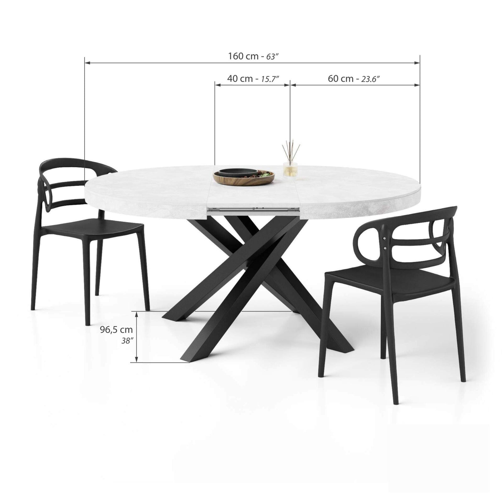 Runder ausziehbarer Tisch Emma, 120-160 cm, Weißer Beton mit gekreuzten Schwarzen Beinen - Immagine tecnica 2