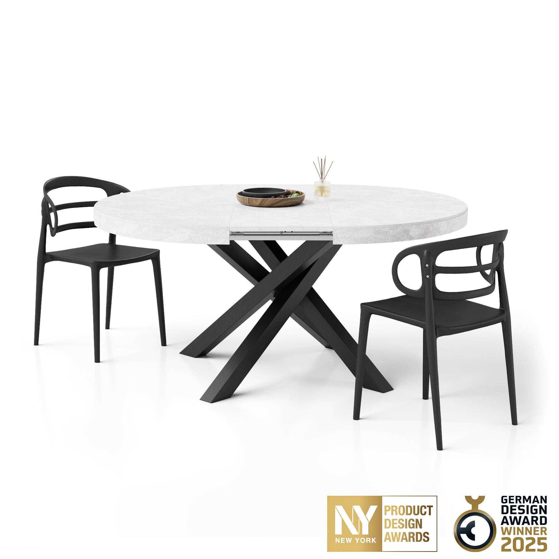 Mesa redonda extensible Emma 120-160 cm en blanco cemento con patas cruzadas negras
