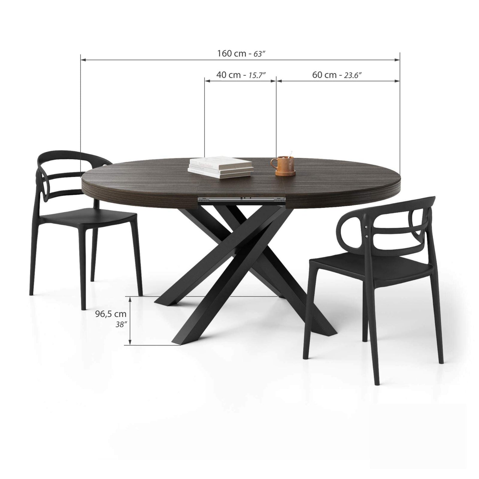 Mesa redonda extensible Emma 120-160 cm en color nogal americano con patas cruzadas negras - Immagine tecnica 2