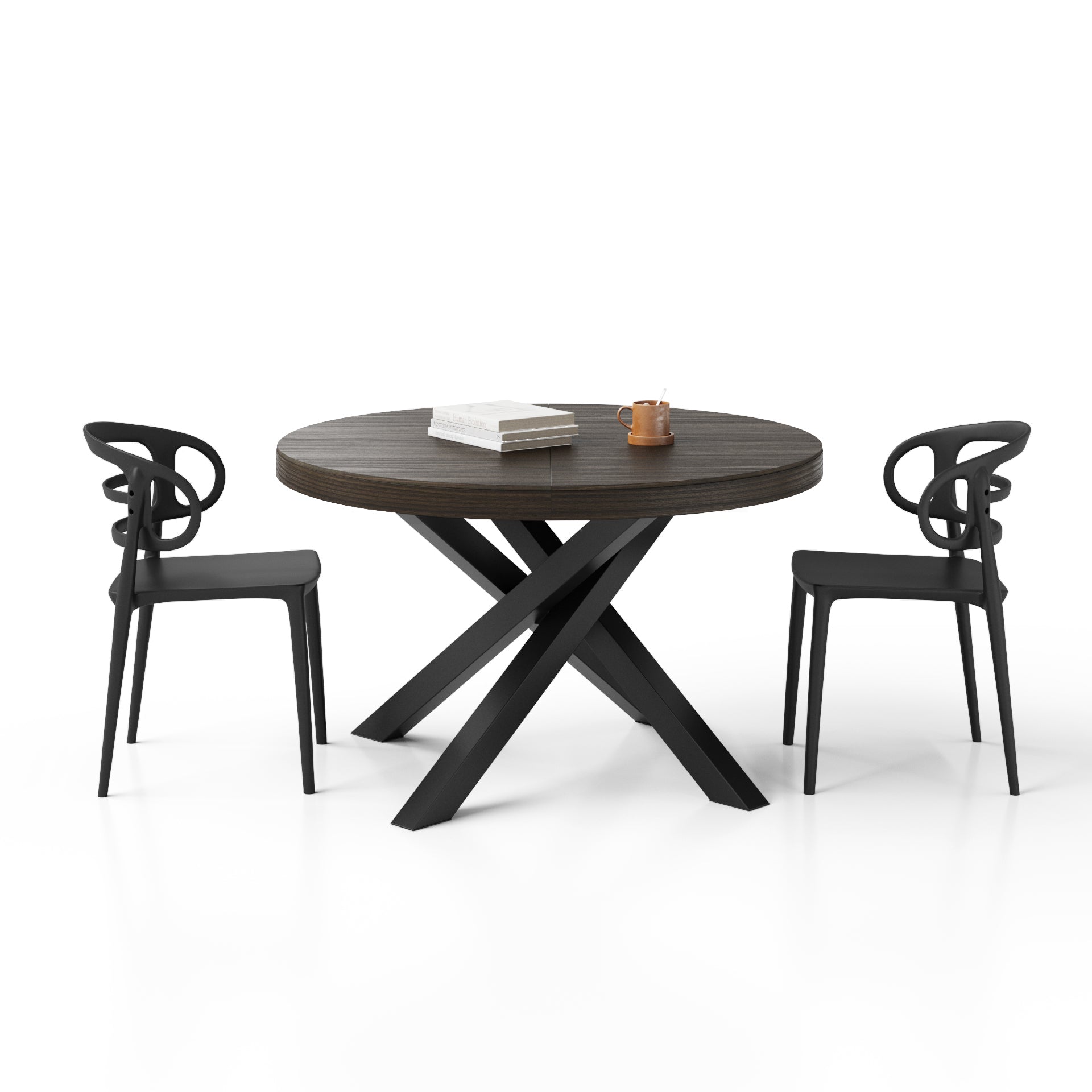 Mesa redonda extensible Emma 120-160 cm en color nogal americano con patas cruzadas negras - Detail image 1