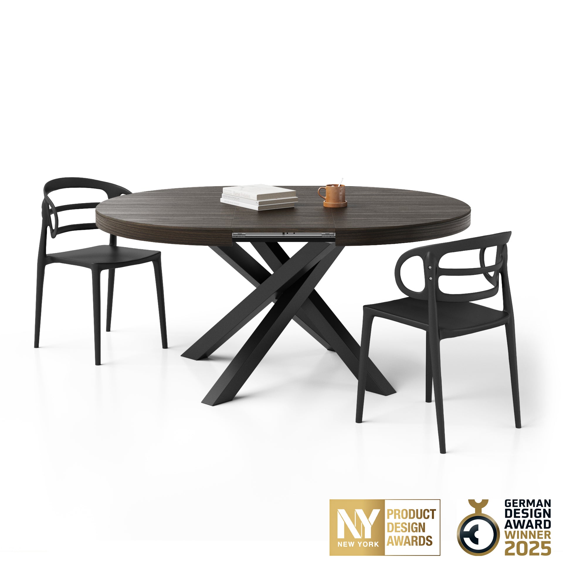 Emma Round Extendable Table, 120-160 cm, Dark Walnut with Black crossed legs