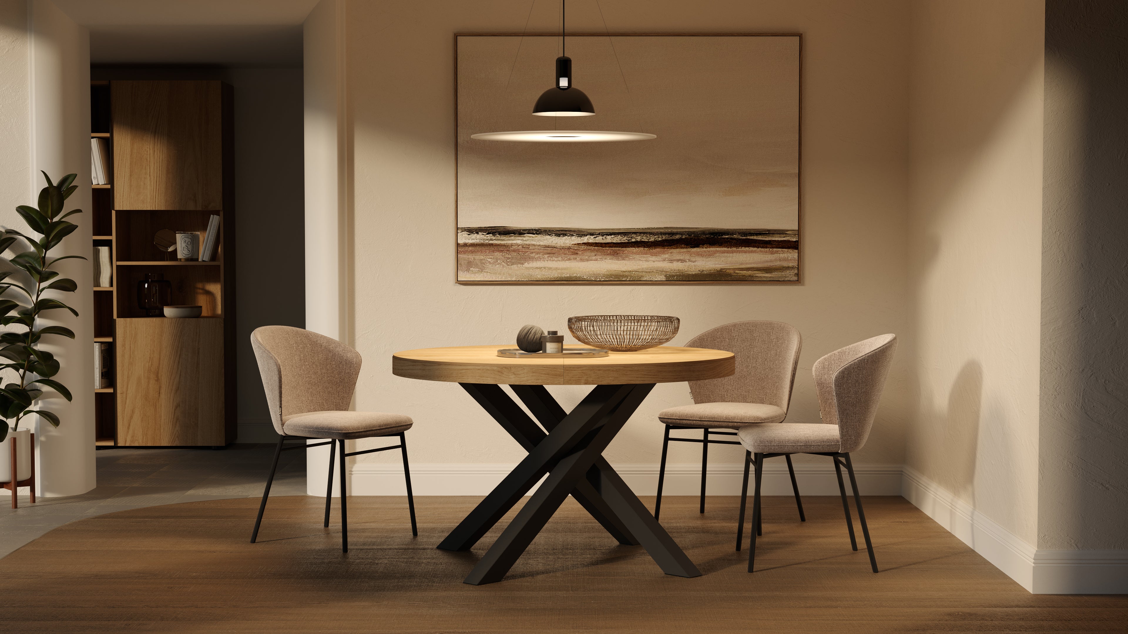 Mesa redonda extensible Emma 120-160 cm en color Madera Natural con patas cruzadas negras - Set image 2