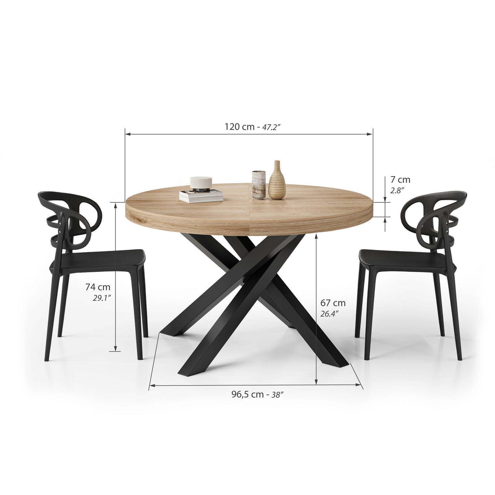 Mesa redonda extensible Emma 120-160 cm en color Madera Natural con patas cruzadas negras - Immagine tecnica 1