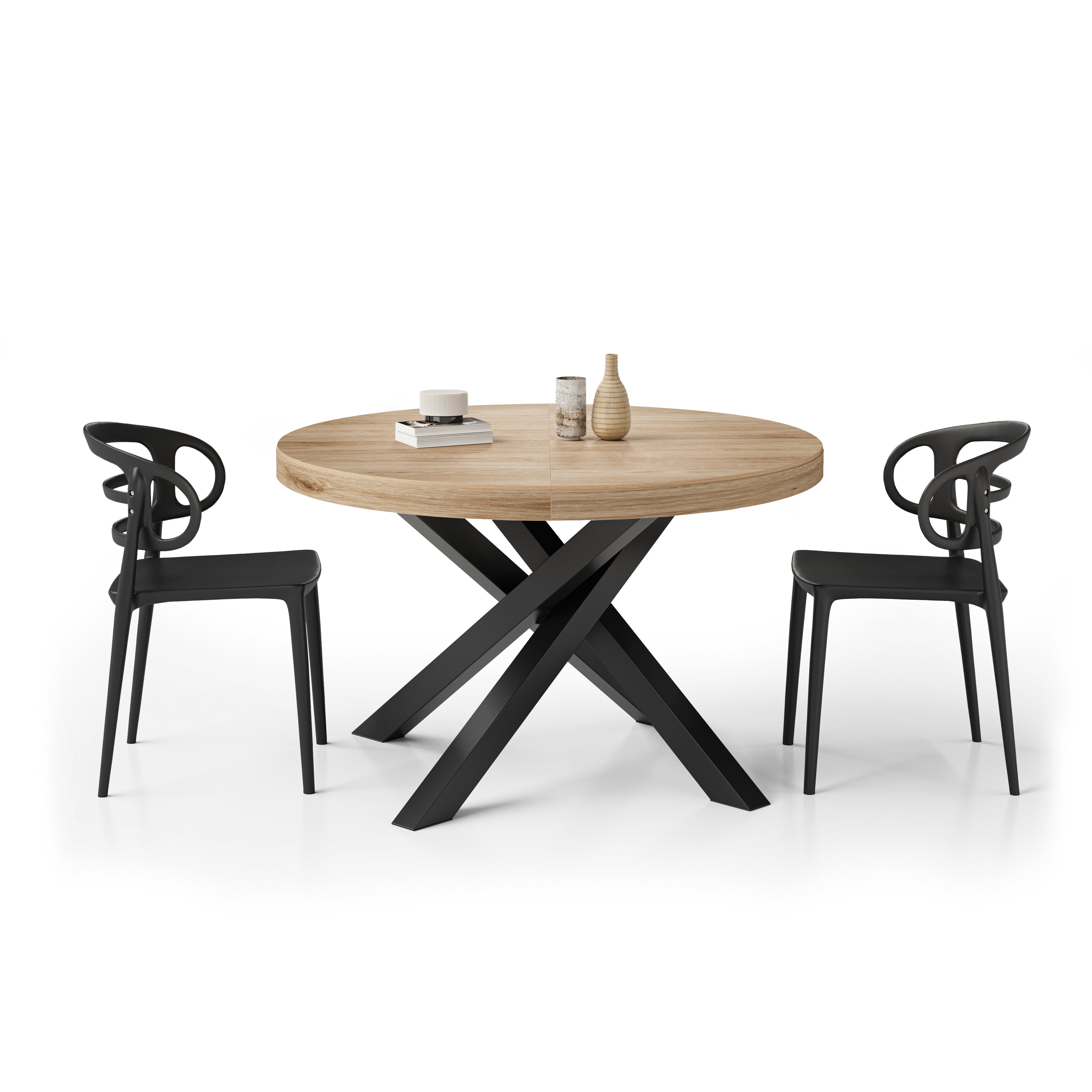 Mesa redonda extensible Emma 120-160 cm en color Madera Natural con patas cruzadas negras - Detail image 2