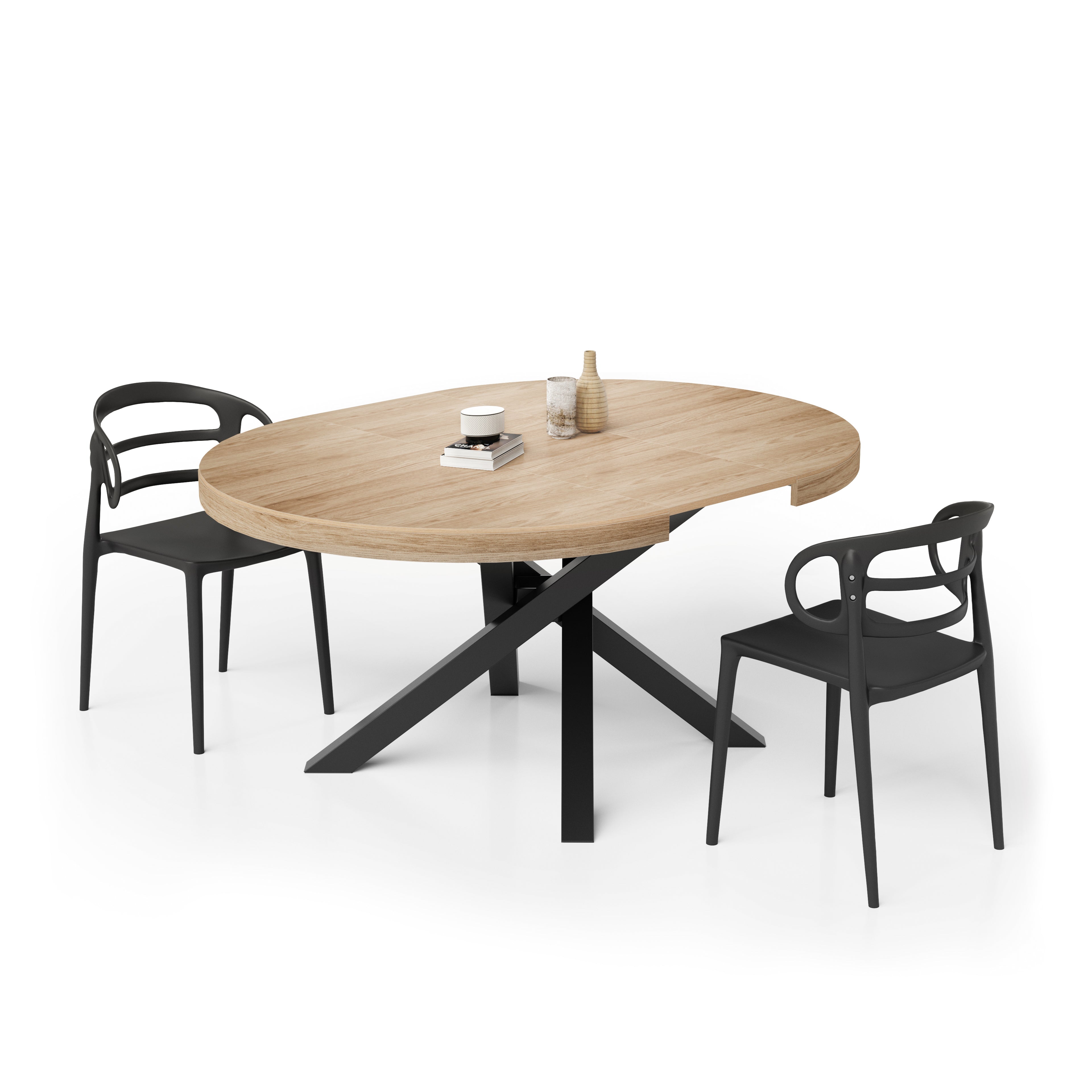 Mesa redonda extensible Emma 120-160 cm en color Madera Natural con patas cruzadas negras - Detail image 3