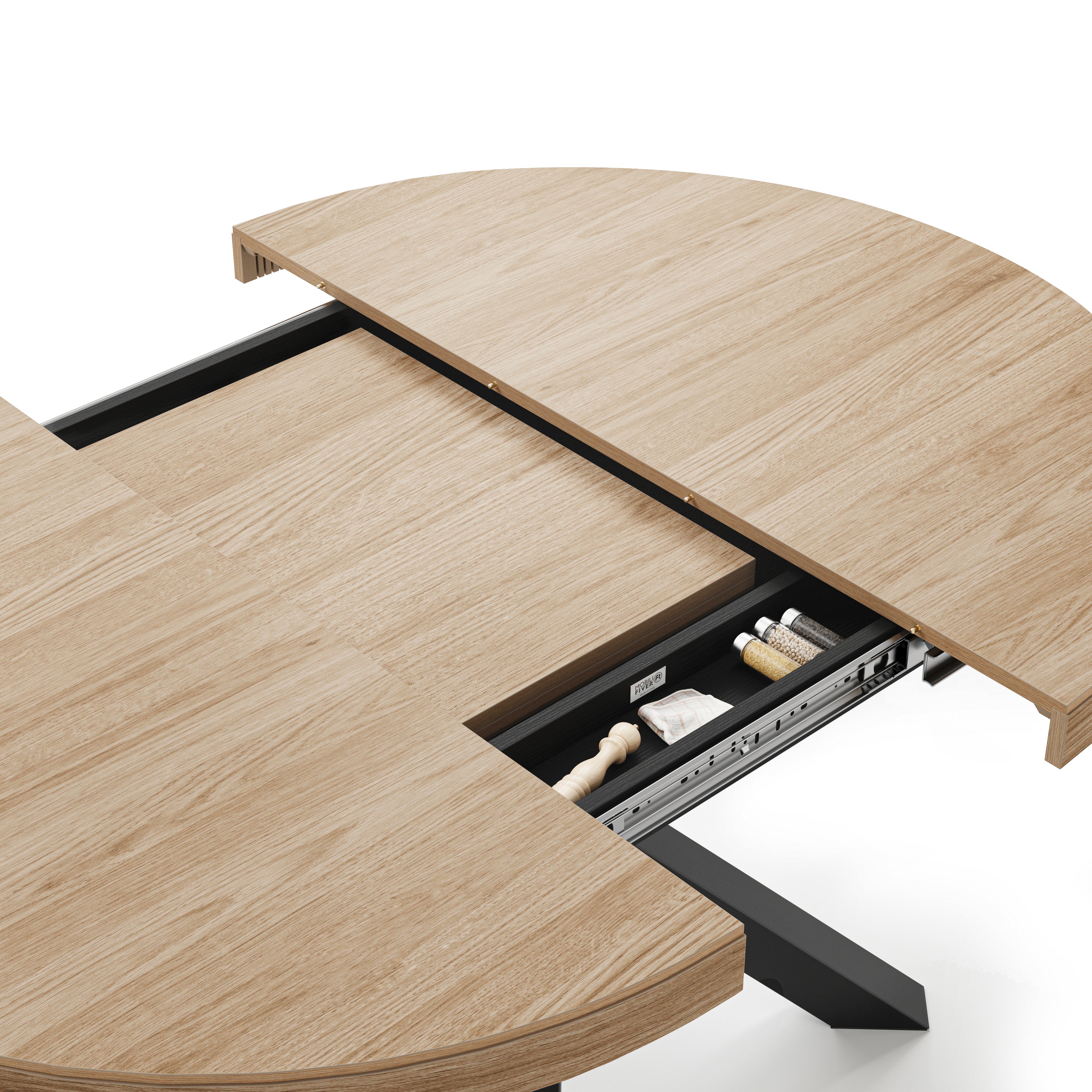 Emma Round Extendable Table, 120-160 cm, Light Oak with Black crossed legs