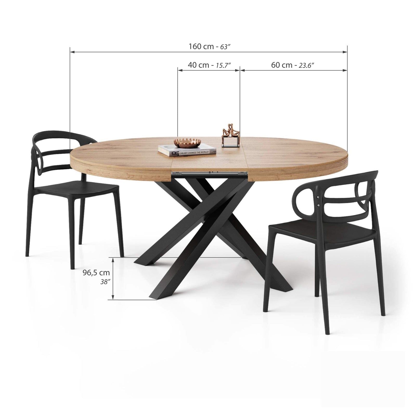 Runder ausziehbarer Tisch Emma, 120-160 cm, Rustikale Eiche mit gekreuzten Schwarzen Beinen - Immagine tecnica 2