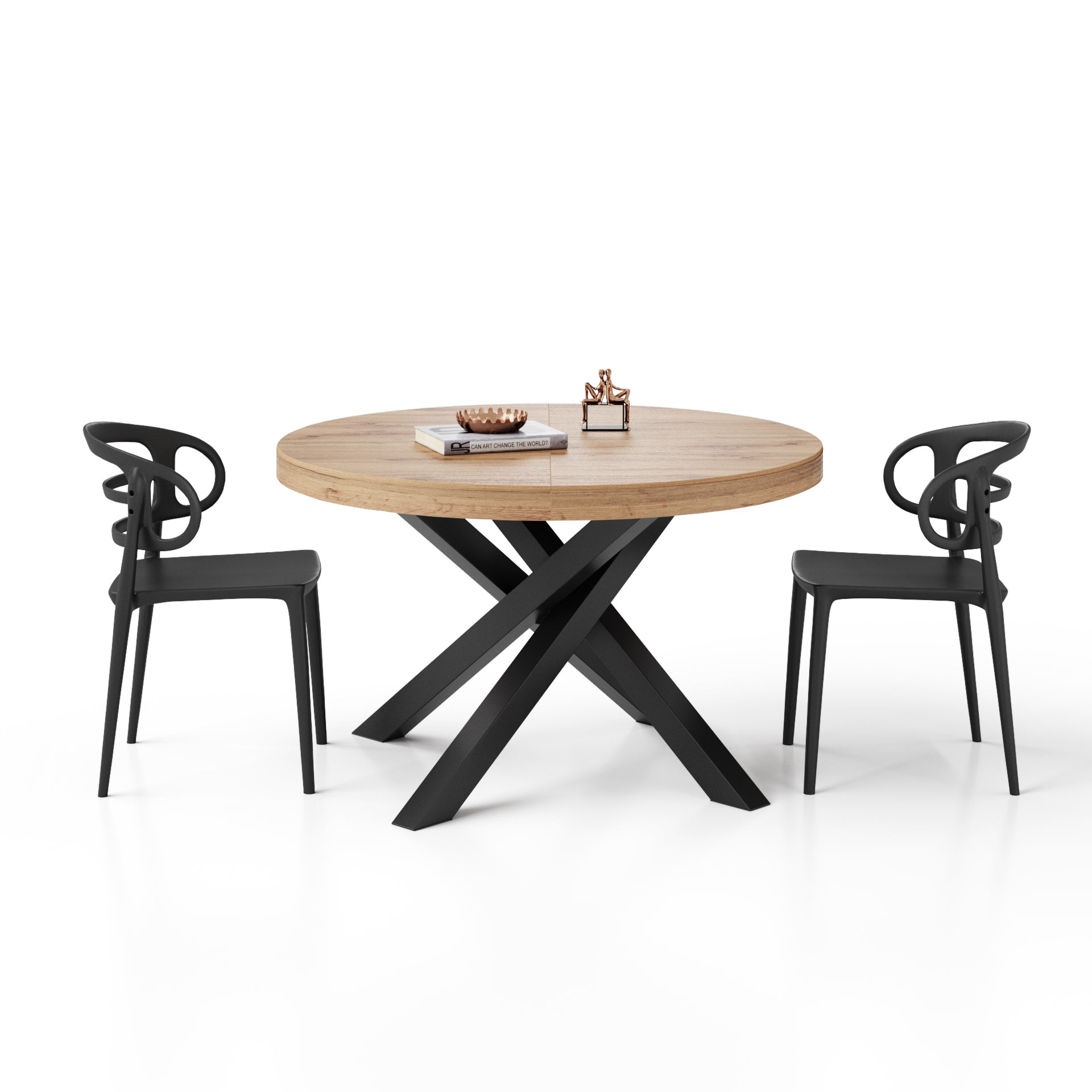 Mesa redonda extensible Emma 120-160 cm en color madera rústica con patas cruzadas negras - Detail image 1