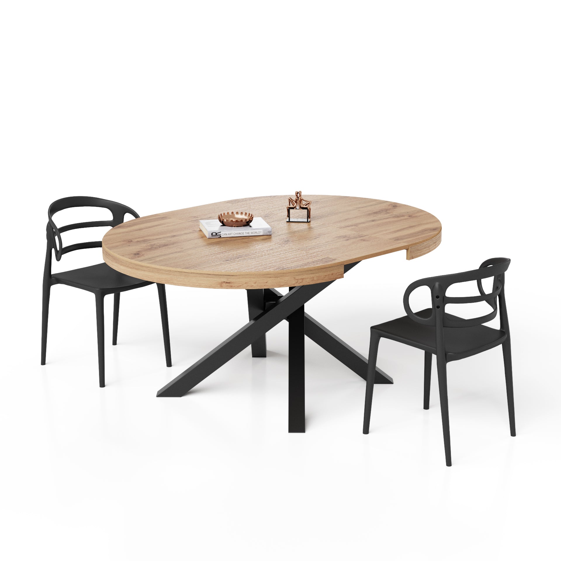 Mesa redonda extensible Emma 120-160 cm en color madera rústica con patas cruzadas negras - Detail image 3
