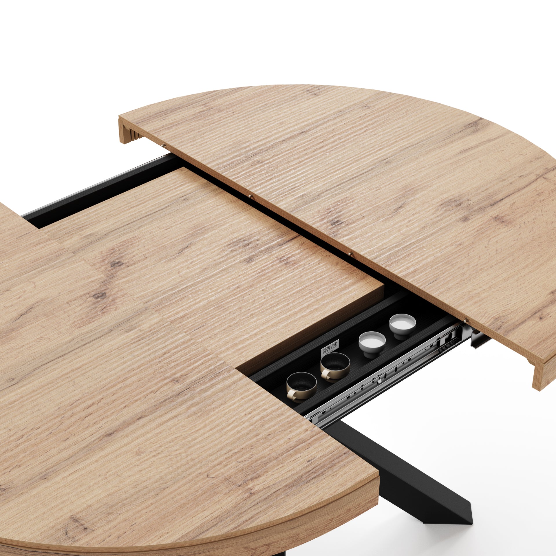 Mesa redonda extensible Emma 120-160 cm en color madera rústica con patas cruzadas negras - Detail image 2