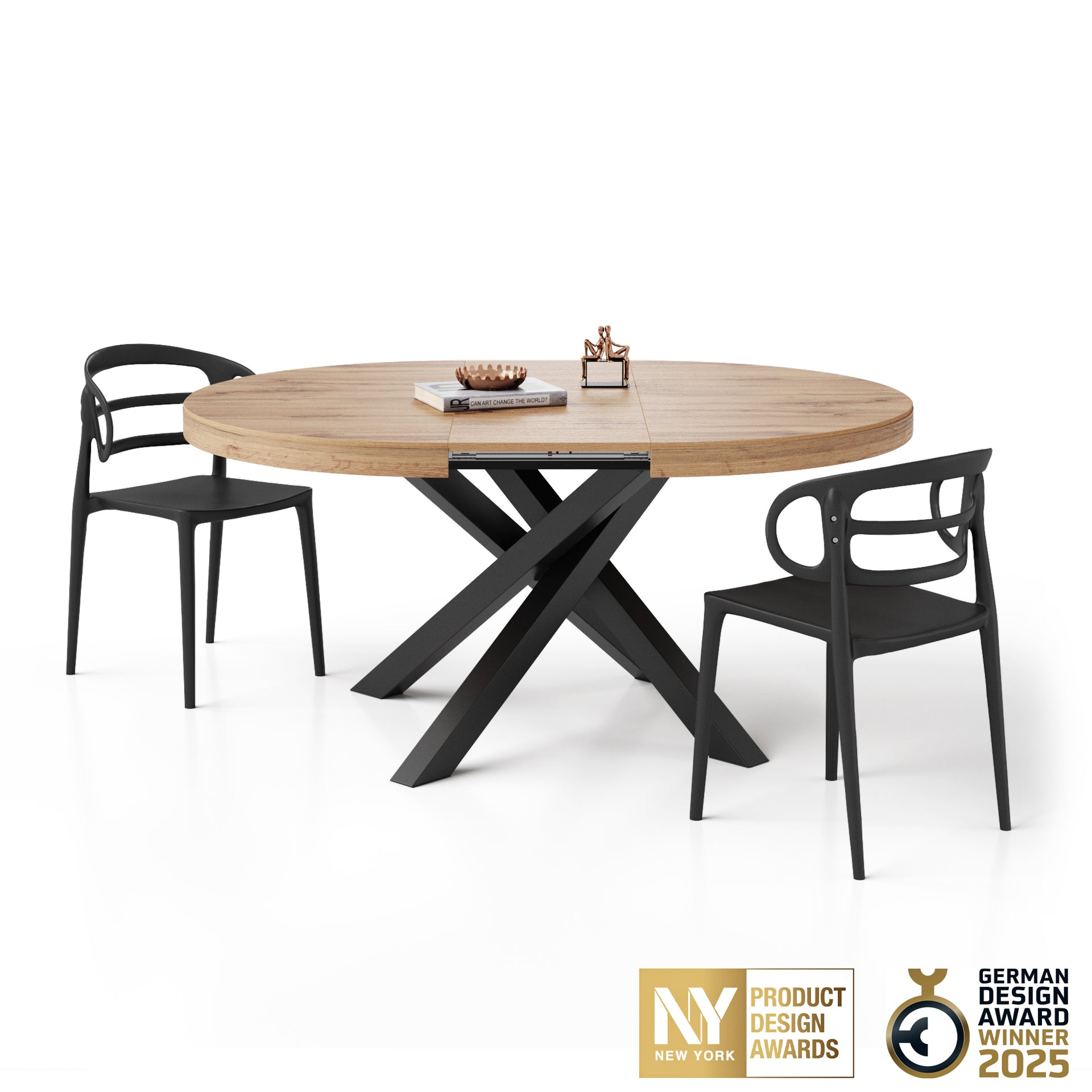 Emma Round Extendable Table, 47.2 - 63 in, Rustic Oak with Black crossed legs