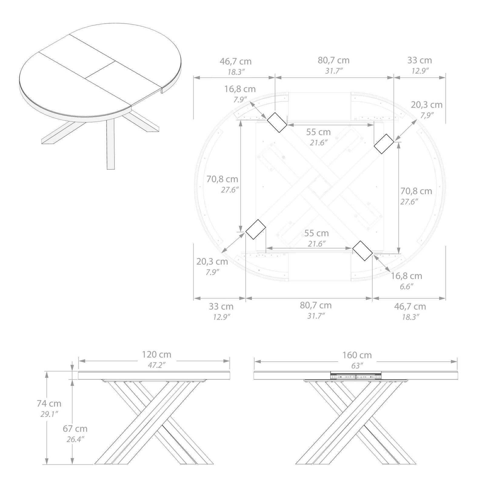 Emma Round Extendable Table, 120-160 cm, Rustic Oak with White crossed legs - Immagine tecnica 4