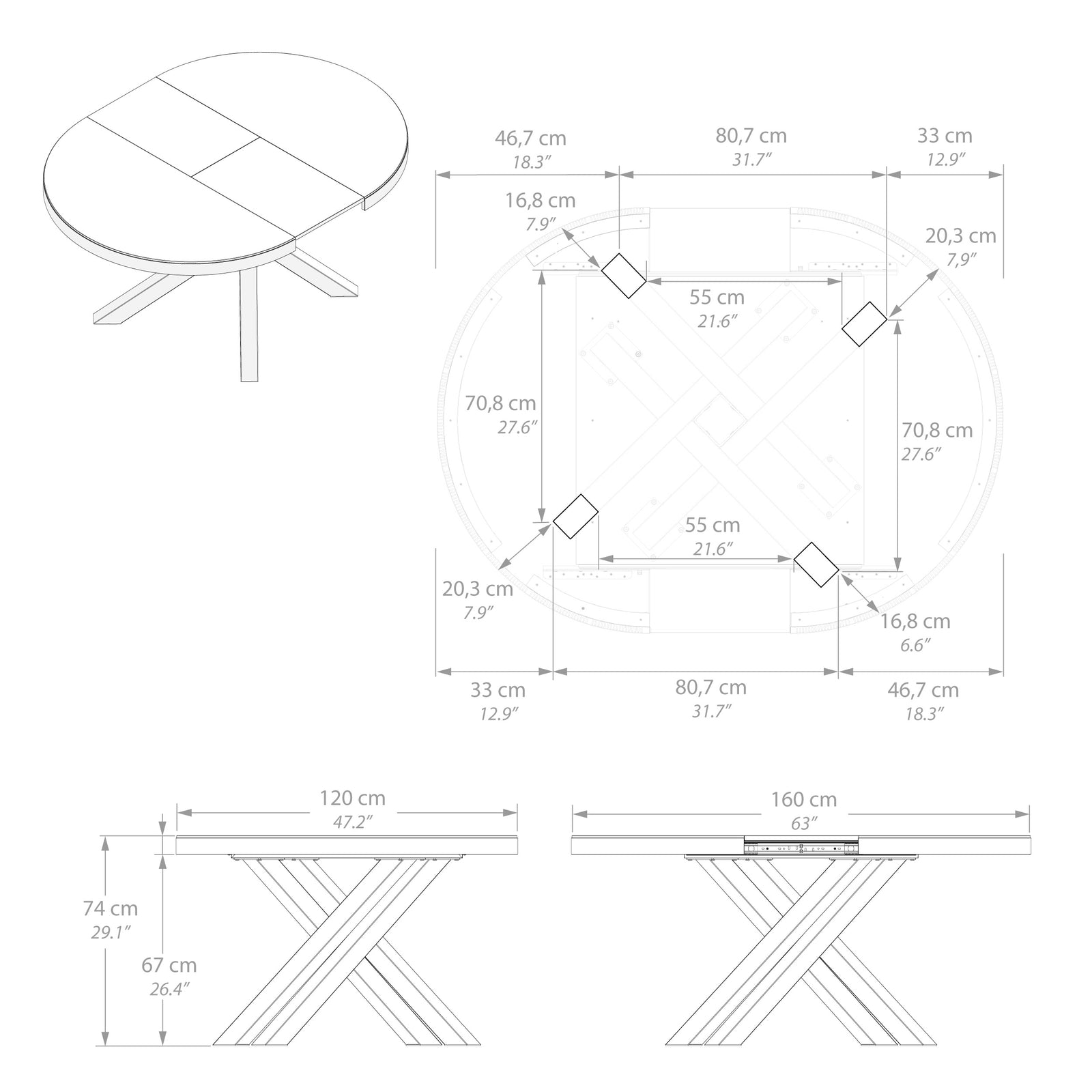 Runder ausziehbarer Tisch Emma, 120-160 cm, Weißer Beton mit gekreuzten Weißen Beinen - Immagine tecnica 4
