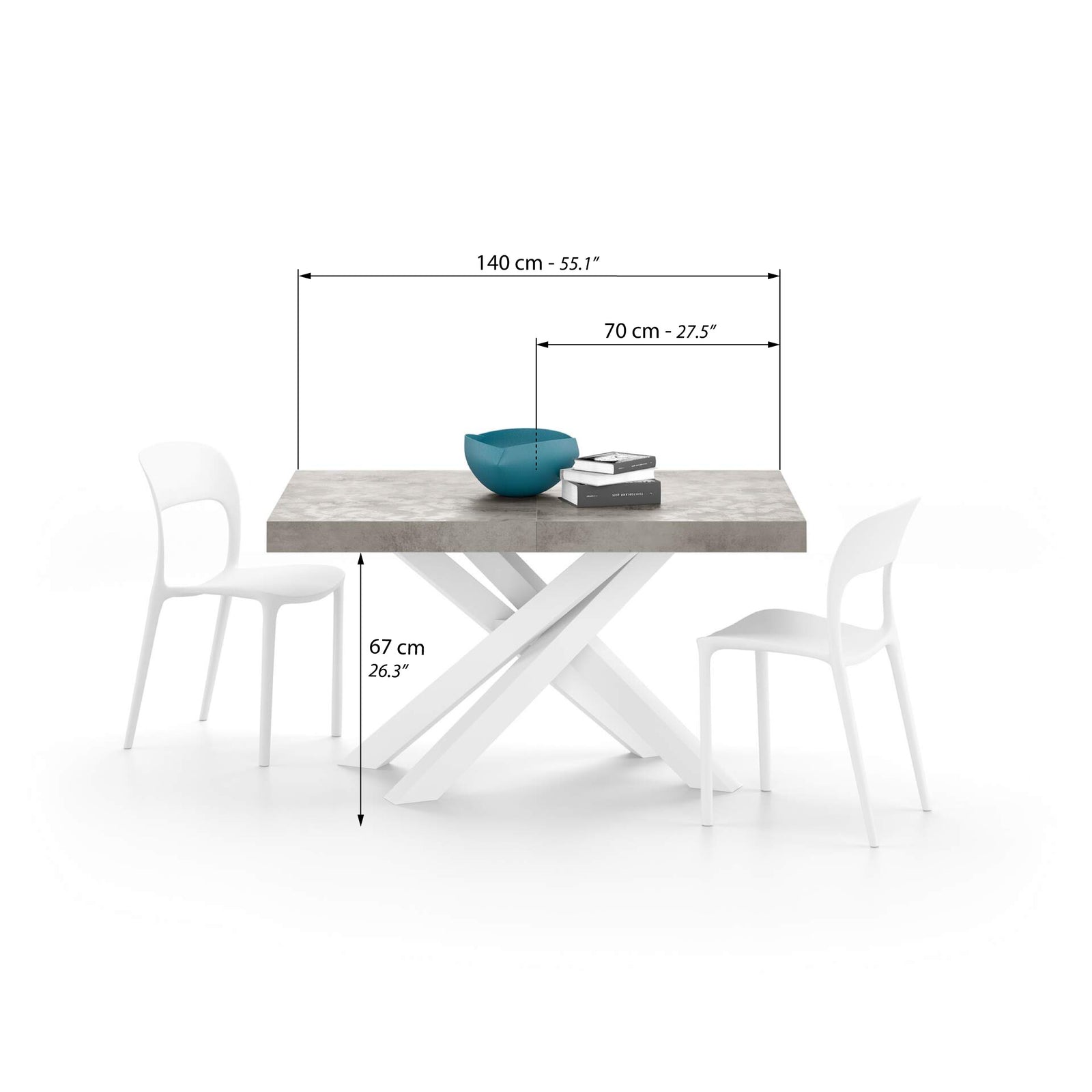 Emma 140(220)x90 cm uitschuifbare tafel, cementgrijs met witte kruispoten - Immagine tecnica 1