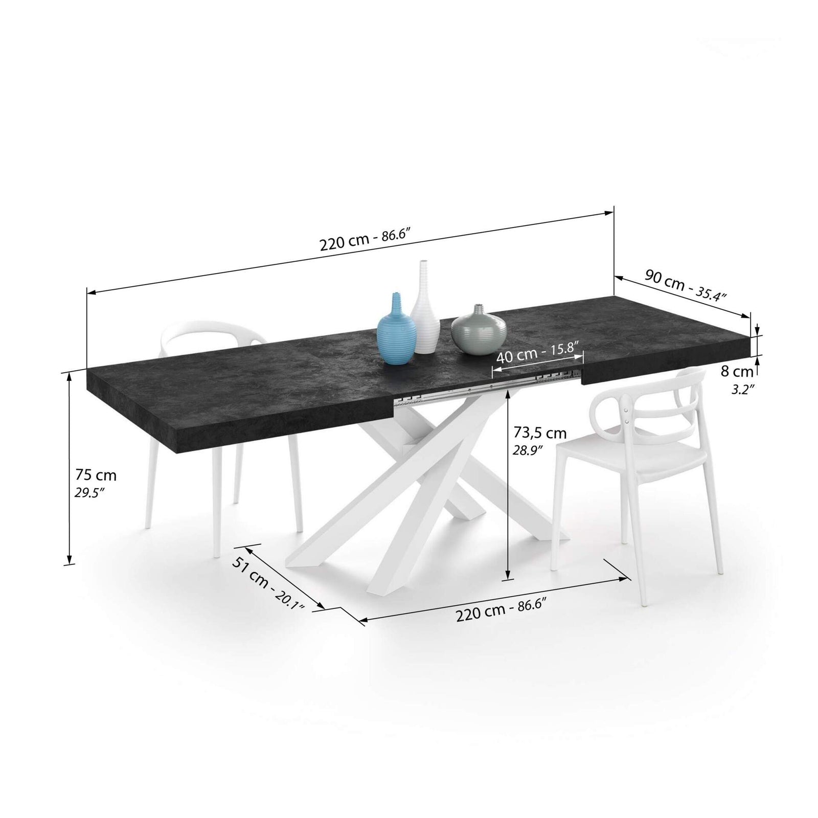 Table Extensible Emma 140(220)x90 cm, Noir Béton avec Pieds Croisés Blancs - Immagine tecnica 2