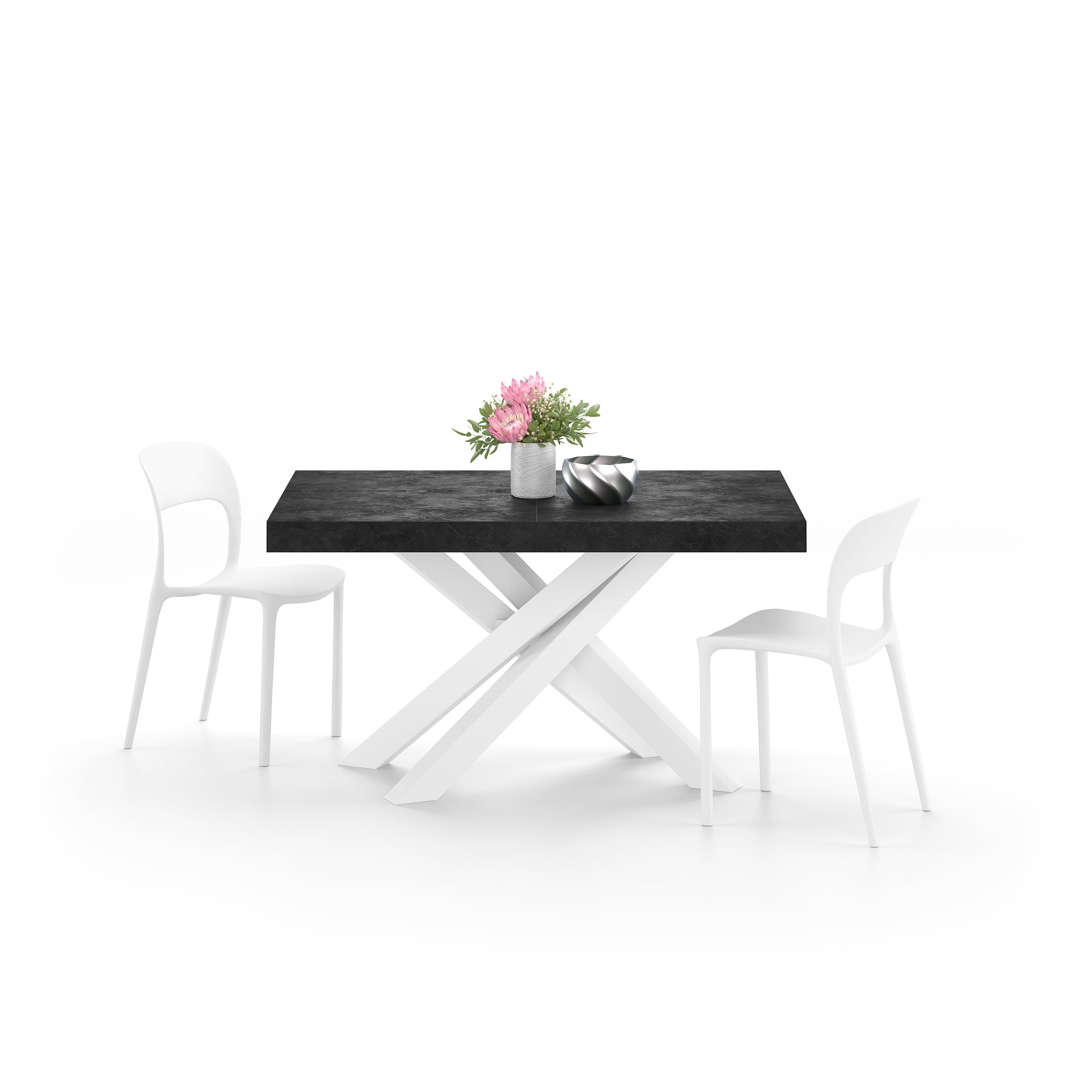 Mesa extensible Emma 140(220)x90 cm, color cemento negro con patas cruzadas blancas