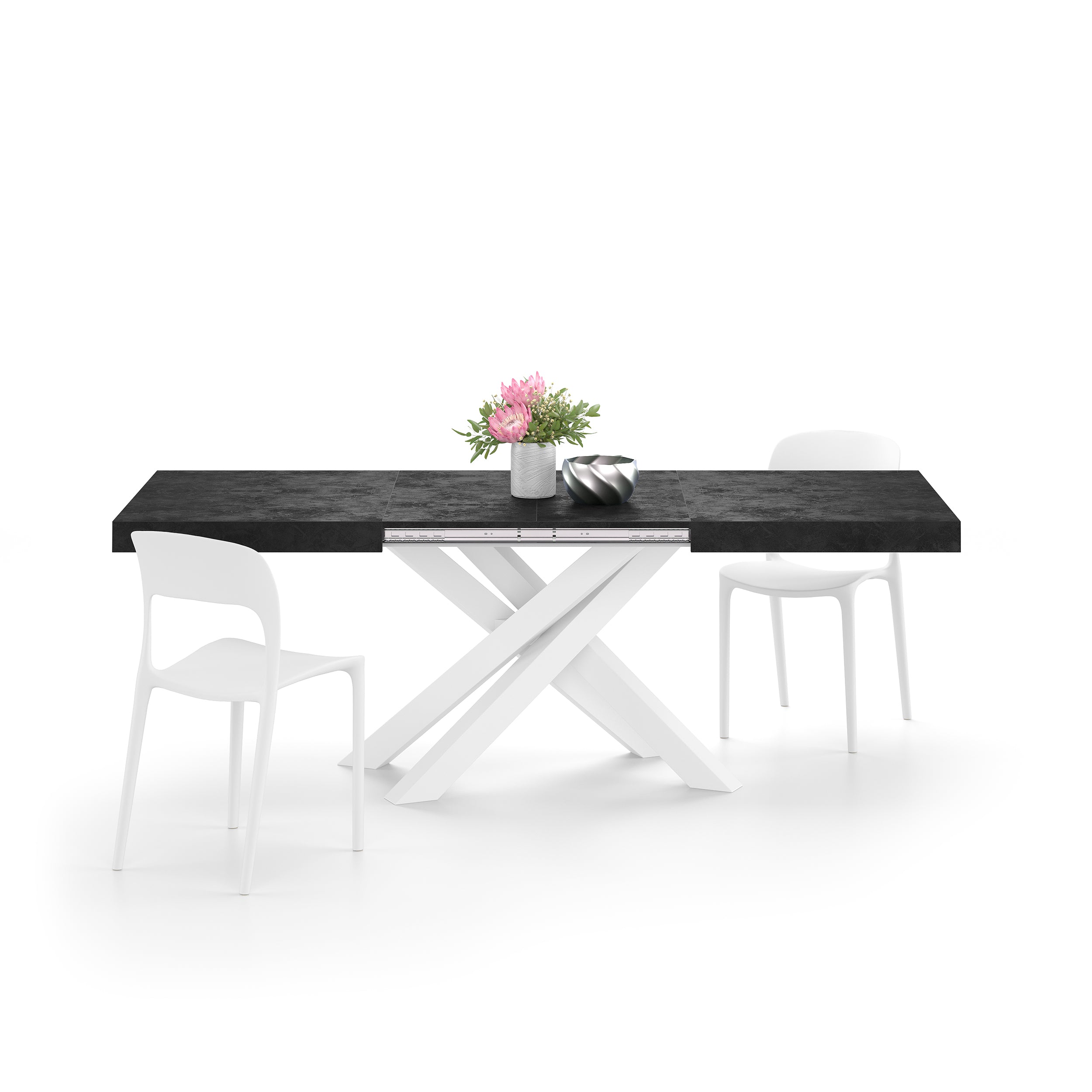 Mesa extensible Emma 140(220)x90 cm, color cemento negro con patas cruzadas blancas