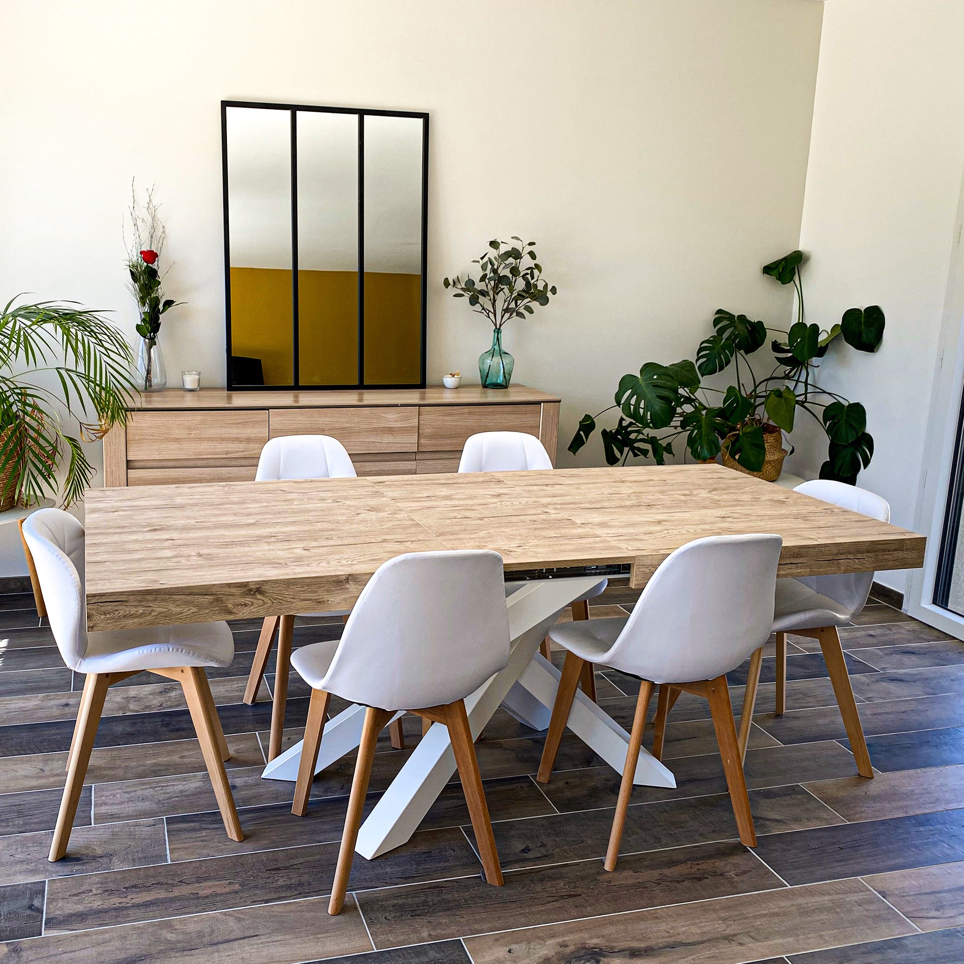 Table Extensible Emma 140(220)x90 cm, Chêne naturel avec Pieds Croisés Blancs - Set image 3