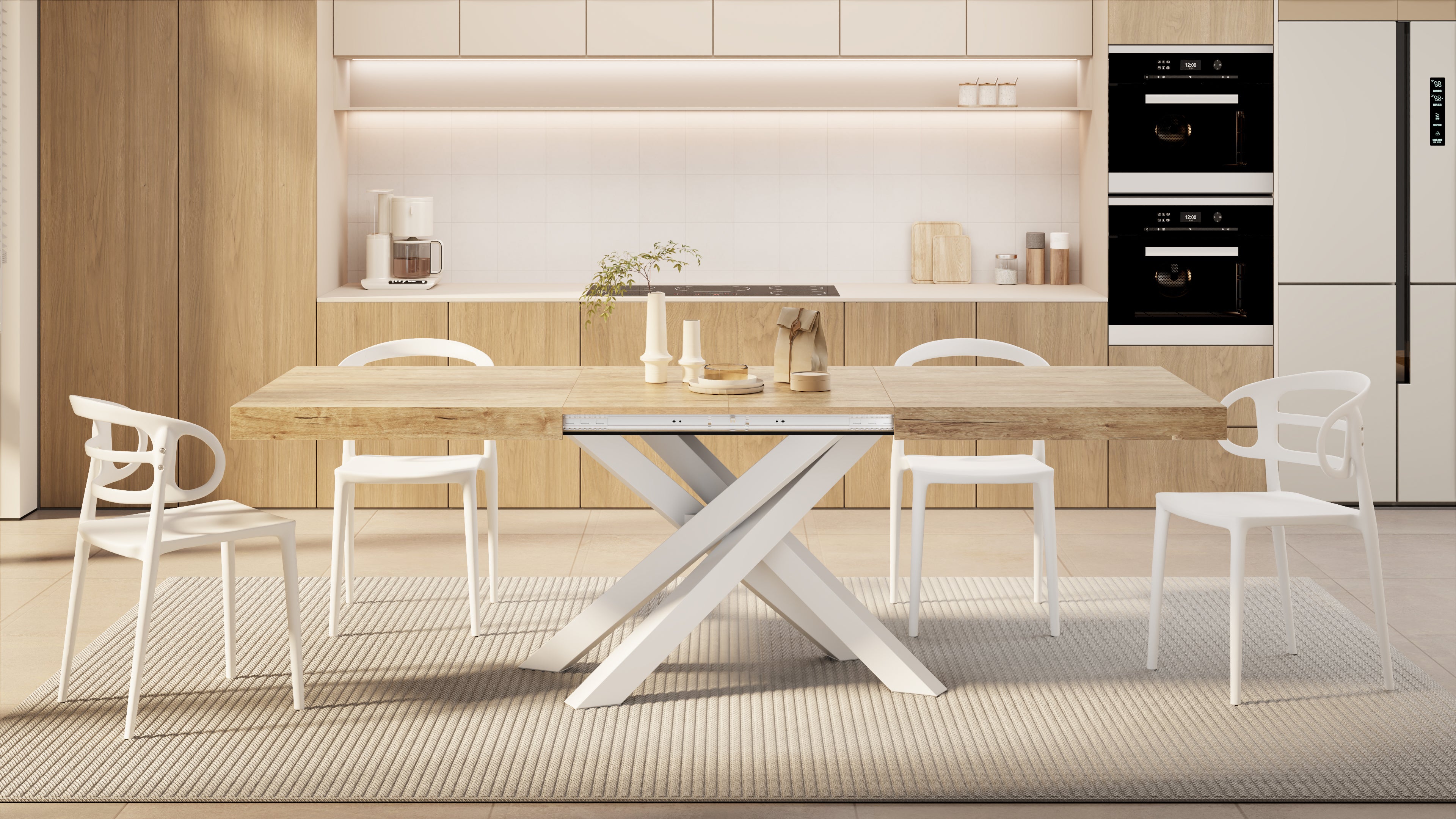 Table Extensible Emma 140(220)x90 cm, Chêne naturel avec Pieds Croisés Blancs - Set image 1