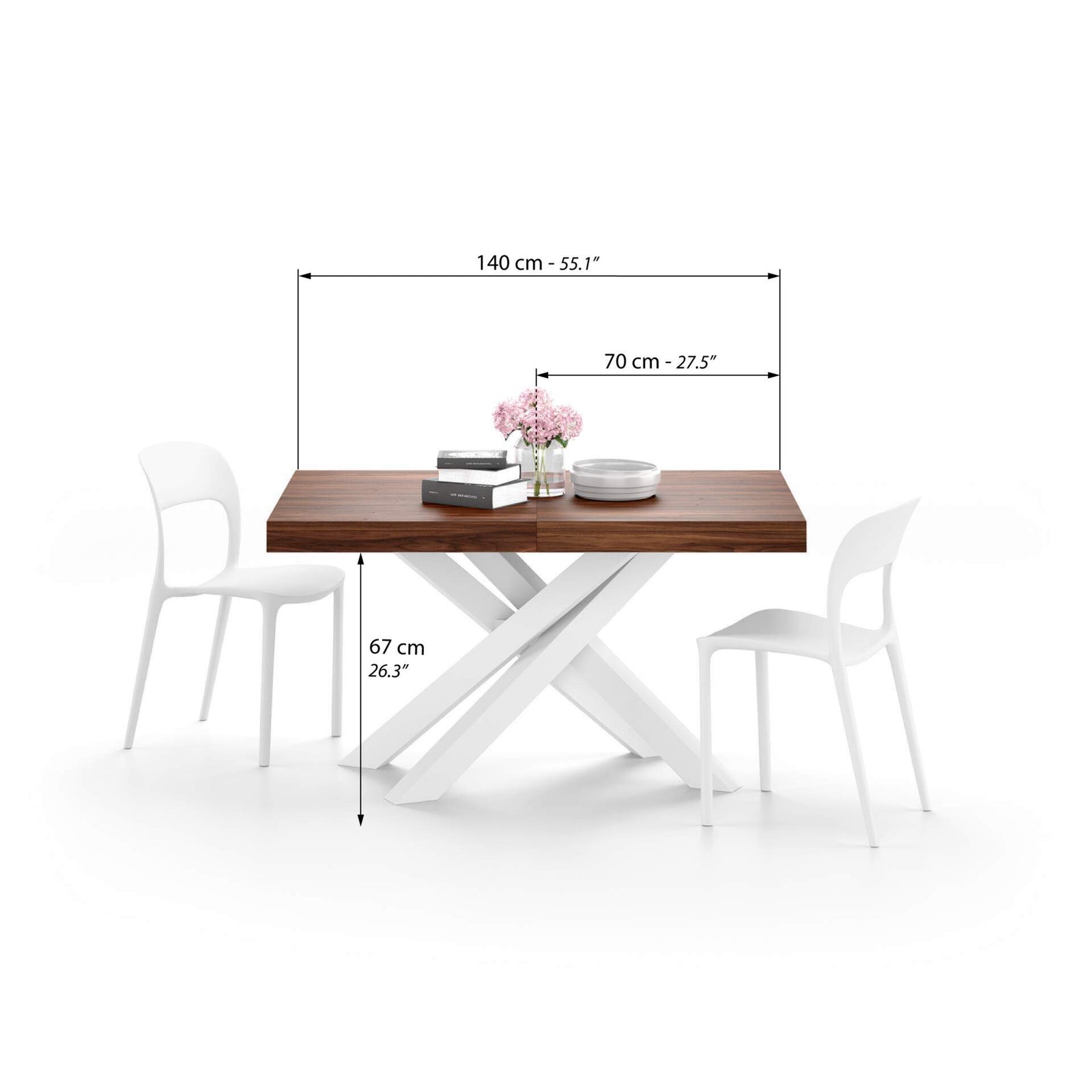 Table Extensible Emma 140(220)x90 cm, Noyer avec Pieds Croisés Blancs - Immagine tecnica 1