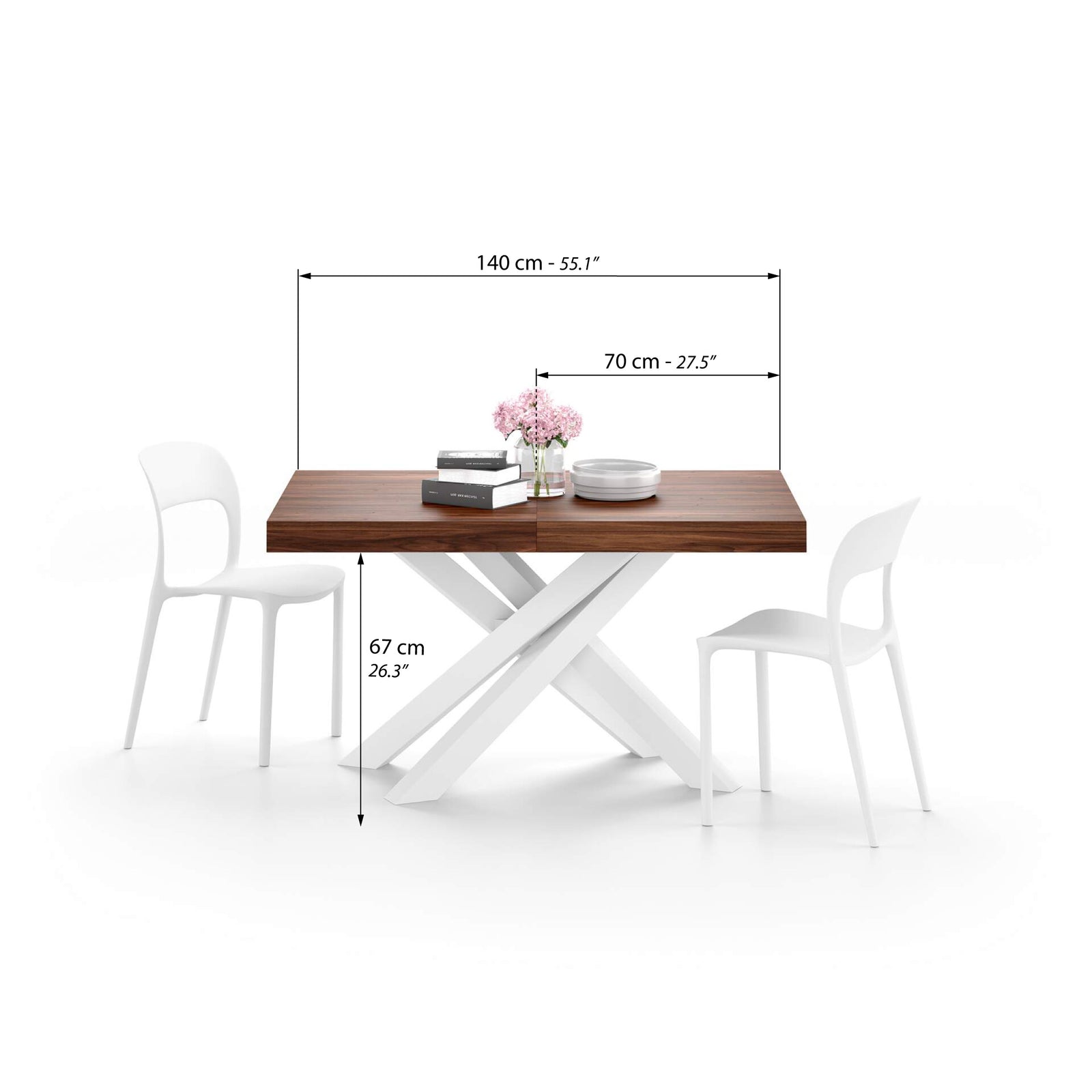 Emma 140(220)x90 cm uitschuifbare tafel, Canaletto walnoot met witte kruispoten - Immagine tecnica 1