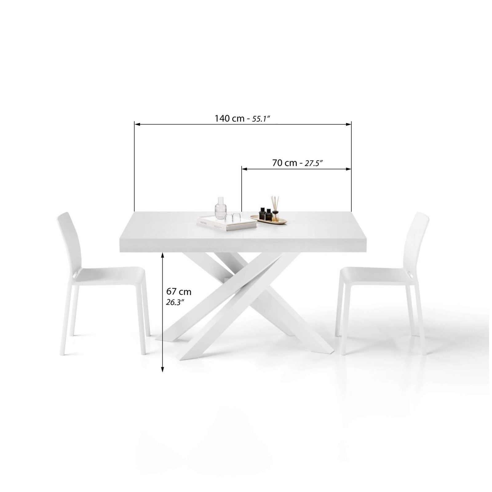 Tavolo Allungabile Emma 140(220)x90 cm, Bianco Frassino con Gambe Incrociate Bianche - Immagine tecnica 1