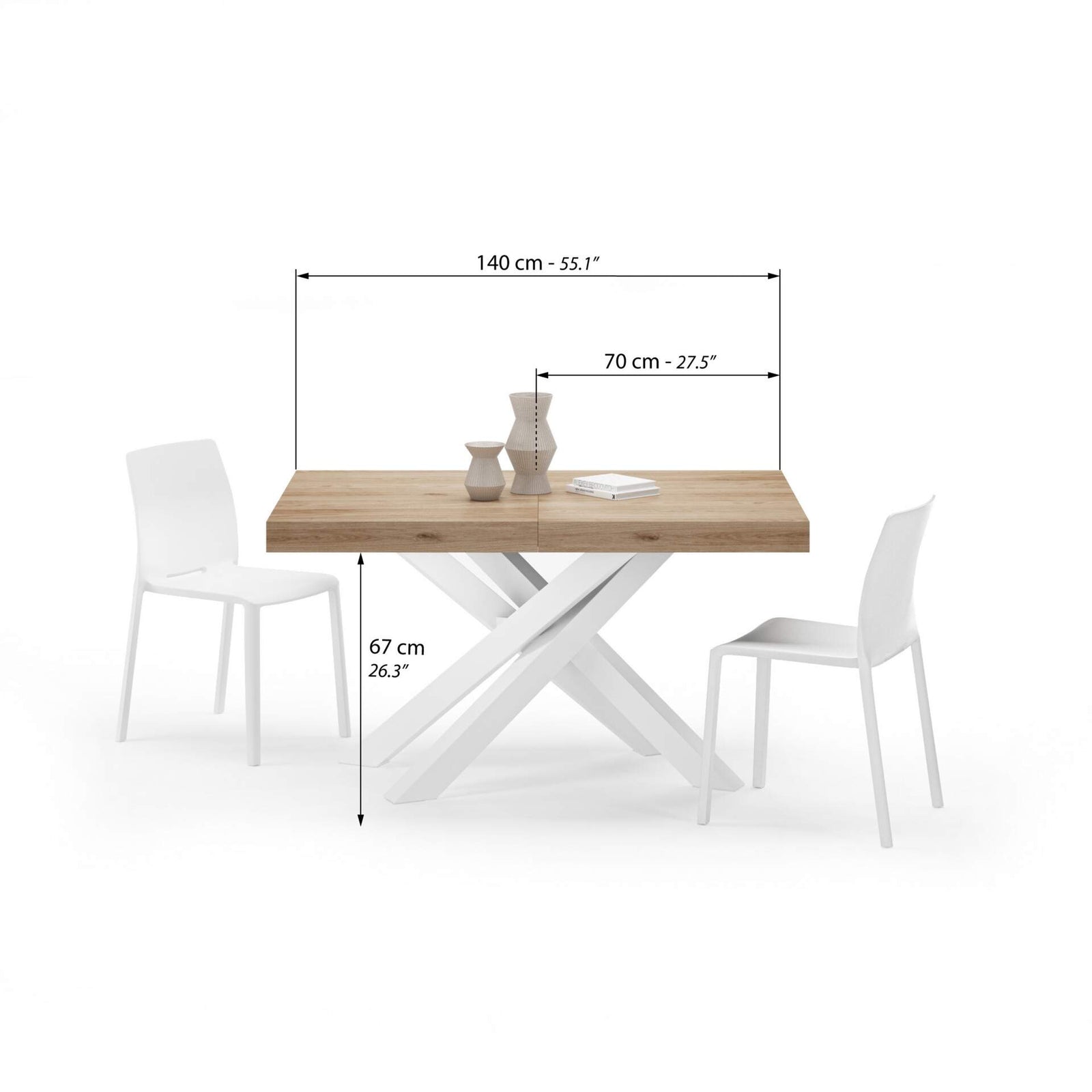 Emma 140(220)x90 cm Extendable Table, Light Oak with White Crossed Legs - Immagine tecnica 1