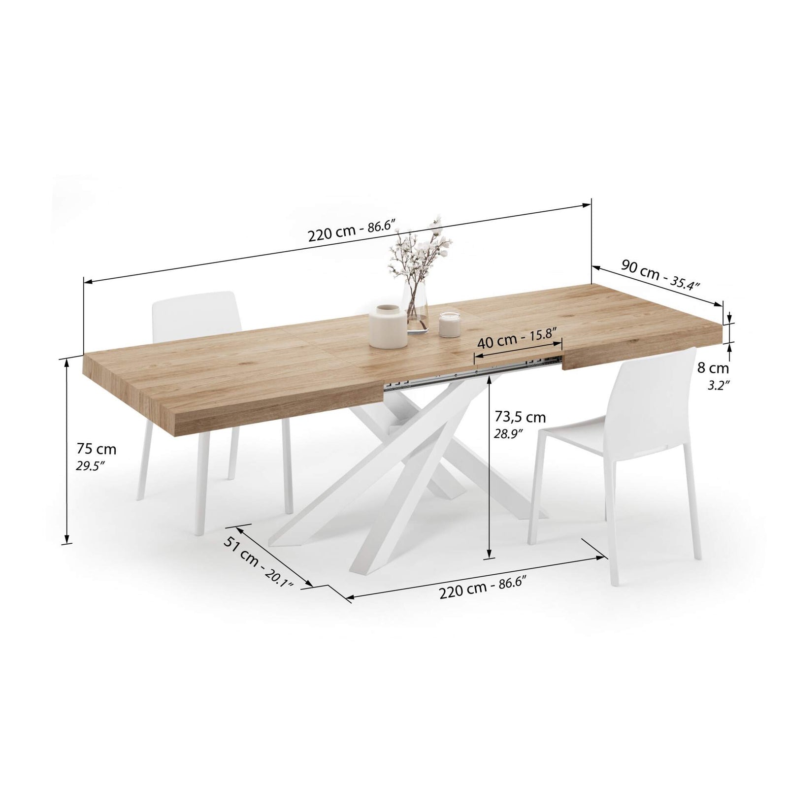 Emma 140(220)x90 cm Extendable Table, Light Oak with White Crossed Legs - Immagine tecnica 2