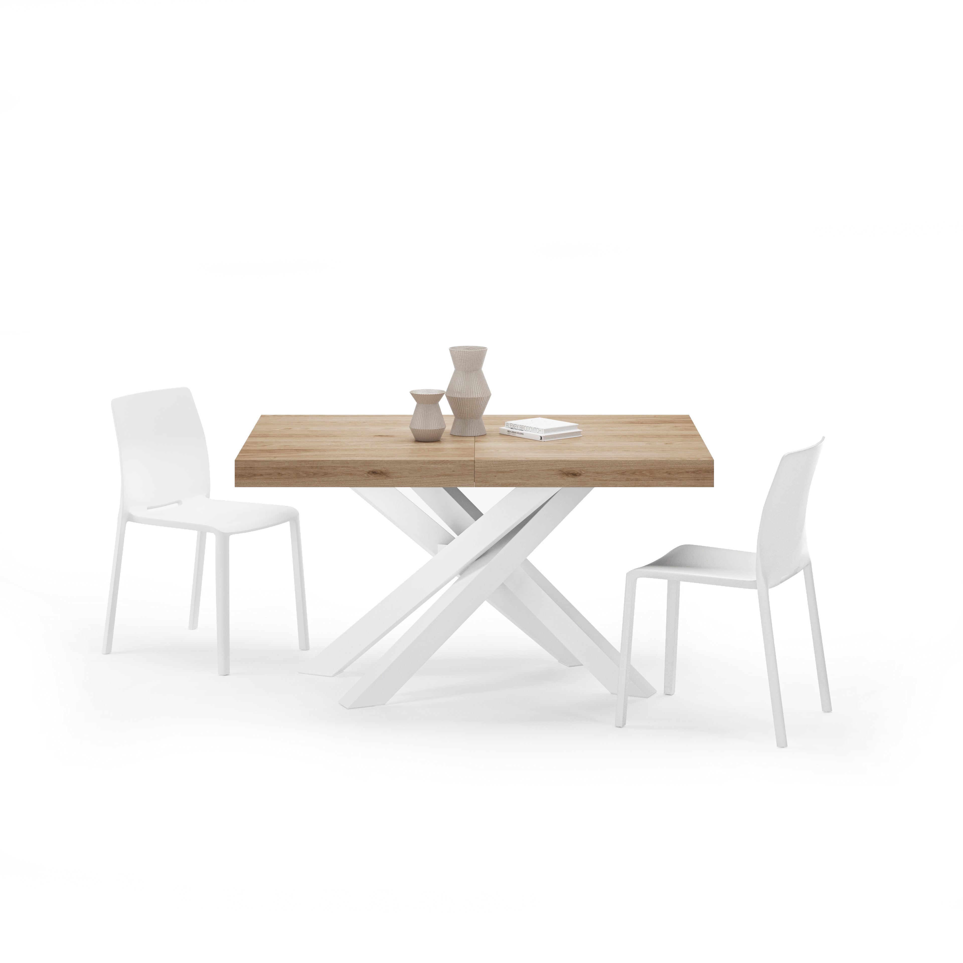 Tavolo Allungabile Emma 140(220)x90 cm, Rovere Naturale con Gambe Incrociate Bianche