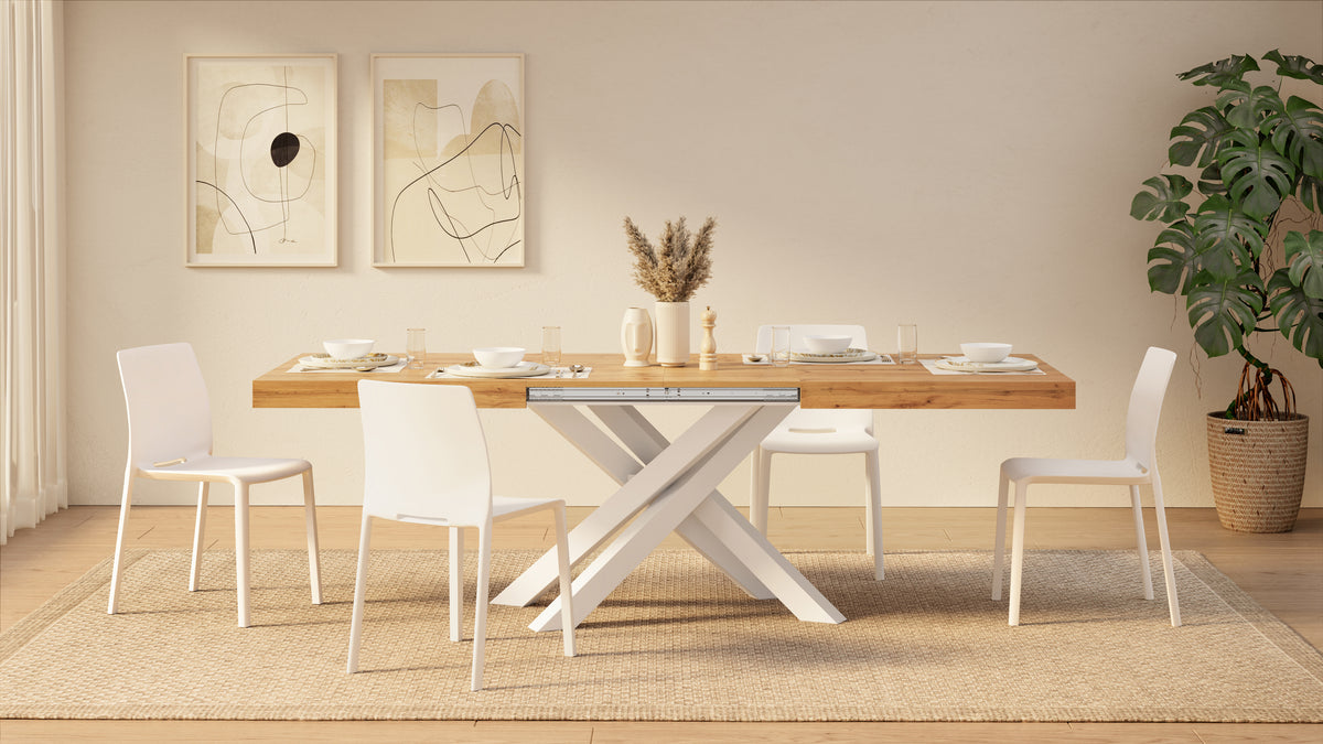 Emma 140(220)x90 cm Extendable Table, Rustic Oak with White Crossed Legs - Set image 4